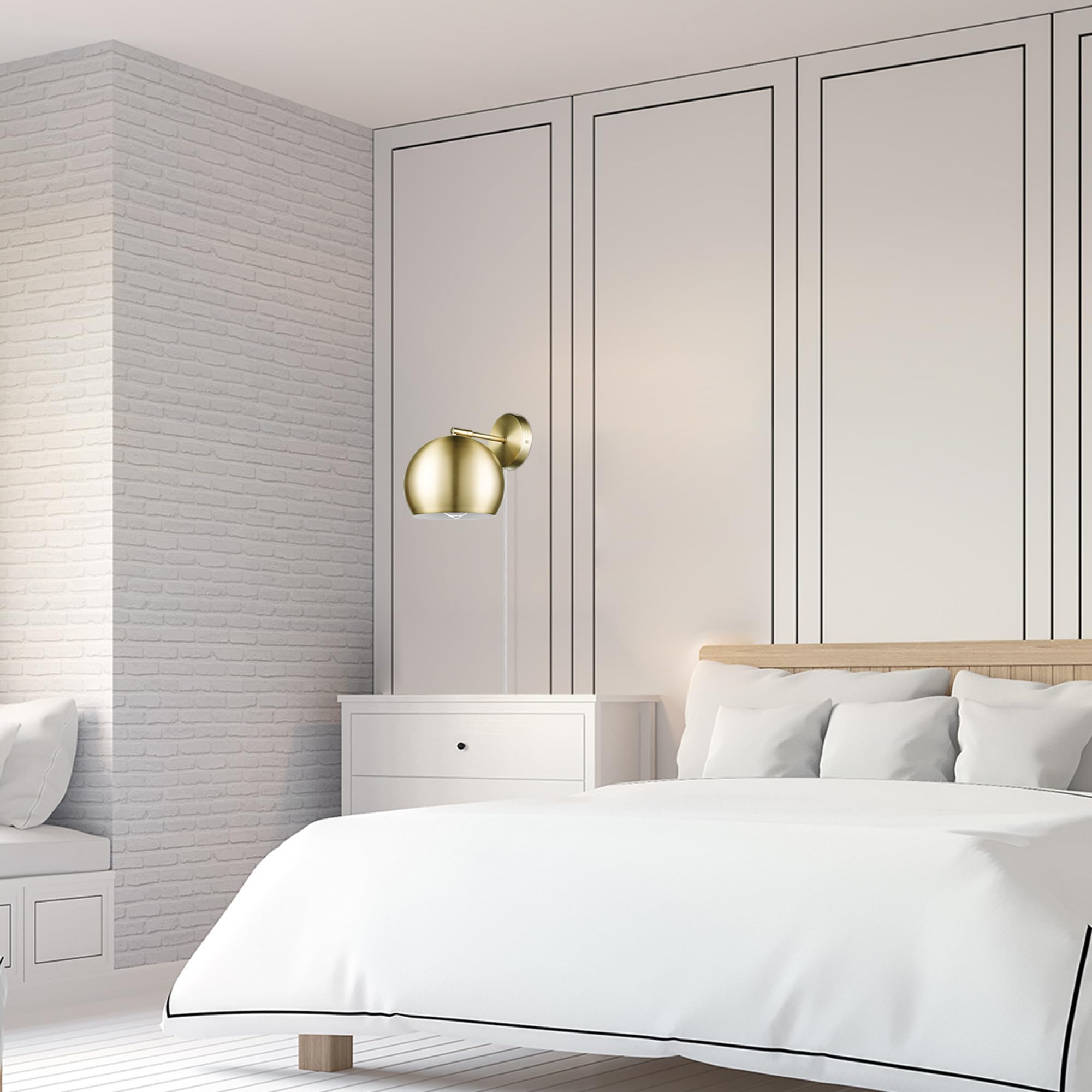 Globe Electric 51577 1-Light Plug-In Or Hardwire Wall Sconce, Matte Brass, White Fabric Cord, In-Line On/Off Rocker Switch, Kitc