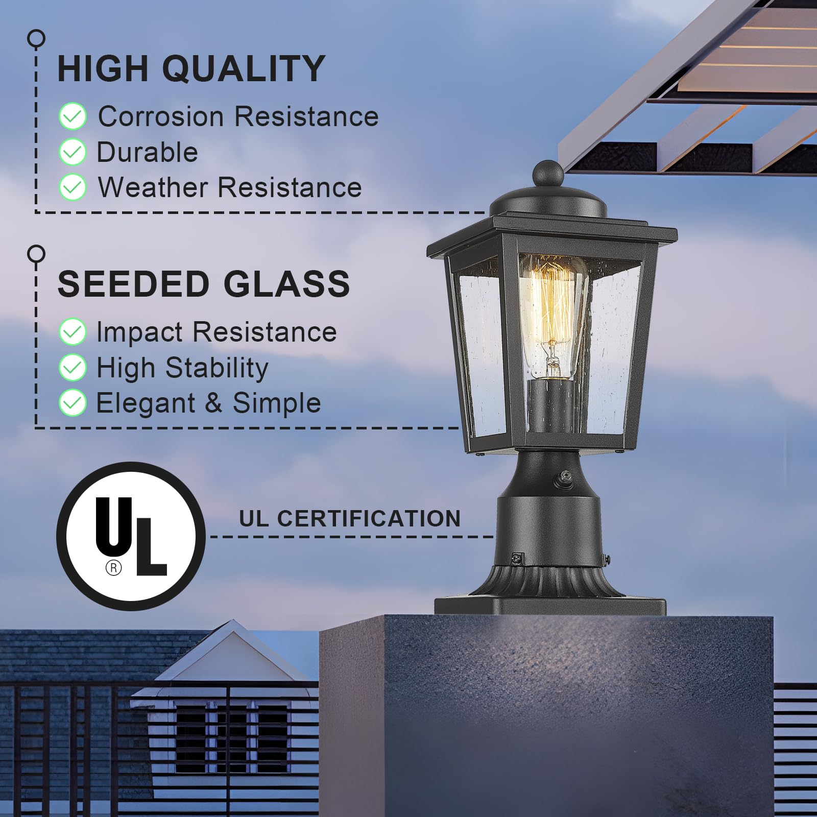 Luminzone Dusk To Dawn Black Outdoor Post Light Fixture With Seeded Glass, Waterproof Aluminum