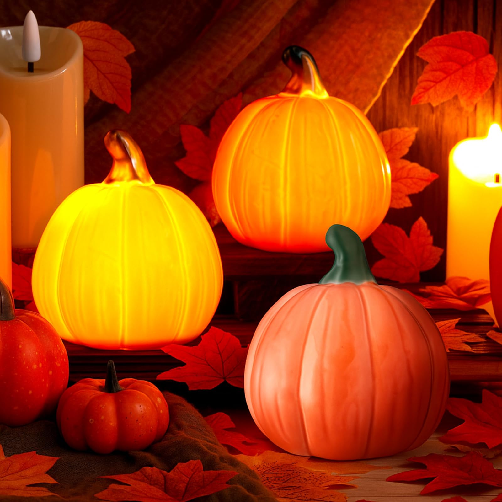 Rossesay 3 Pcs Light up Thanksgiving Pumpkin Tabletop Decor Light up Ceramic Pumpkins with Lights for Thanksgiving Fall Home Tab