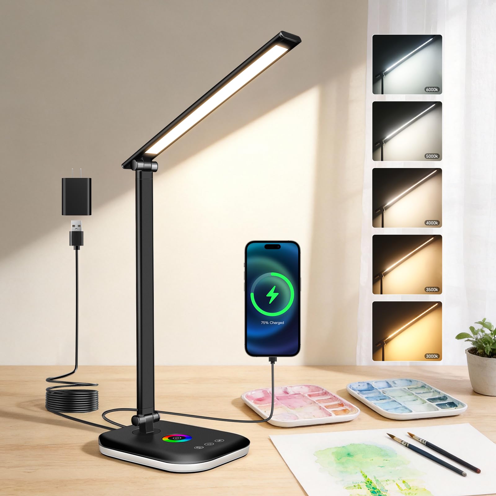 Bright LED Desk Lamp for Office Home, 10%-100% Dimmable Brightness & 5 Color, 800 Lumen Puzzle Light, Eye Caring Desk Light for 