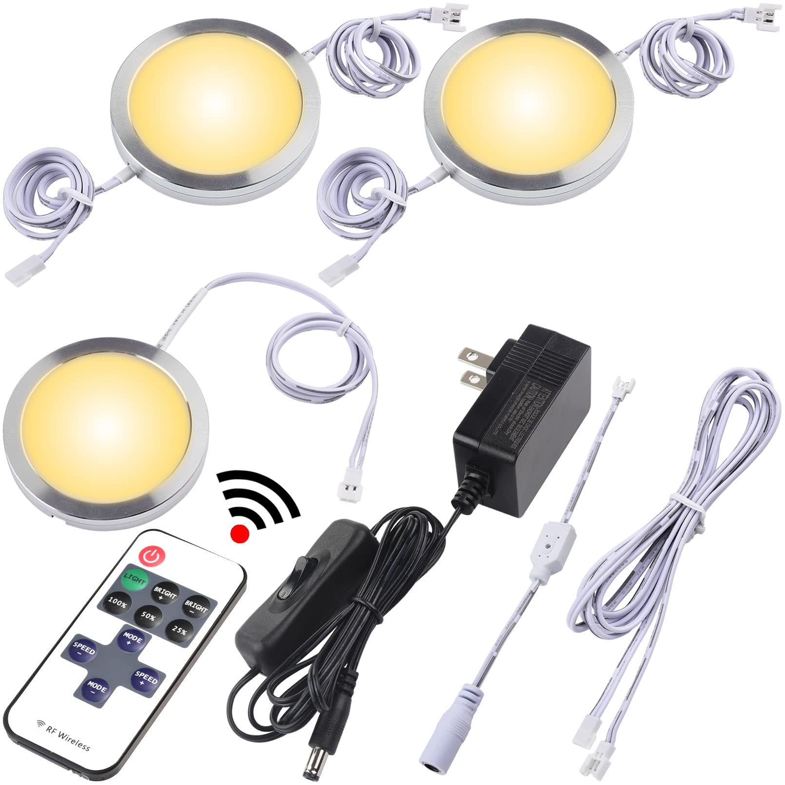Lvyinyin Under Cabinet Lighting Kit, Dimmable Wireless RF LED Controller, Linkable Puck Lights, AC 120V to DC 12V Wall Plug Adap