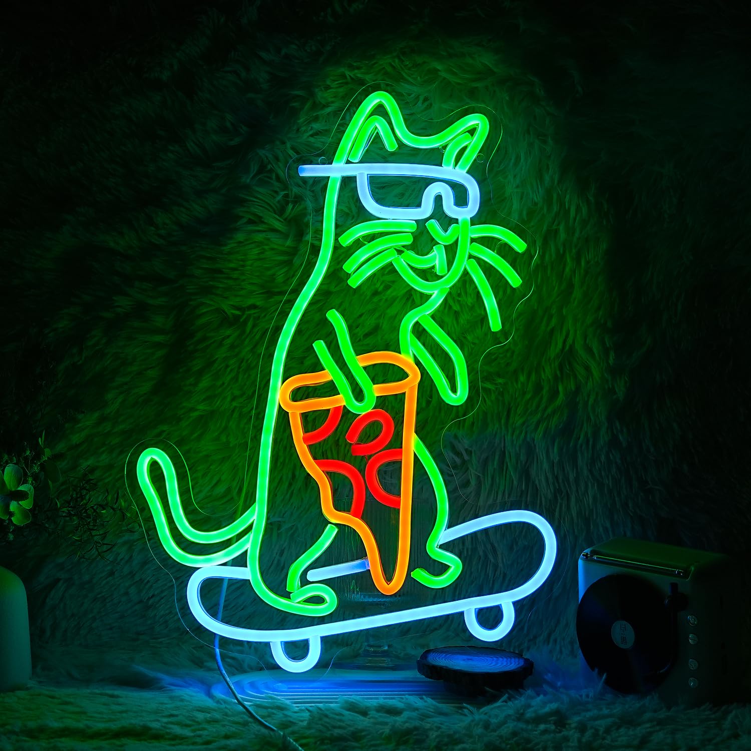 LIUOZHTEA Neon Cat Sign LED Wall Decor, Dimmable USB Light, 16.7inx12.2in, Acrylic, Green Blue Yellow Red