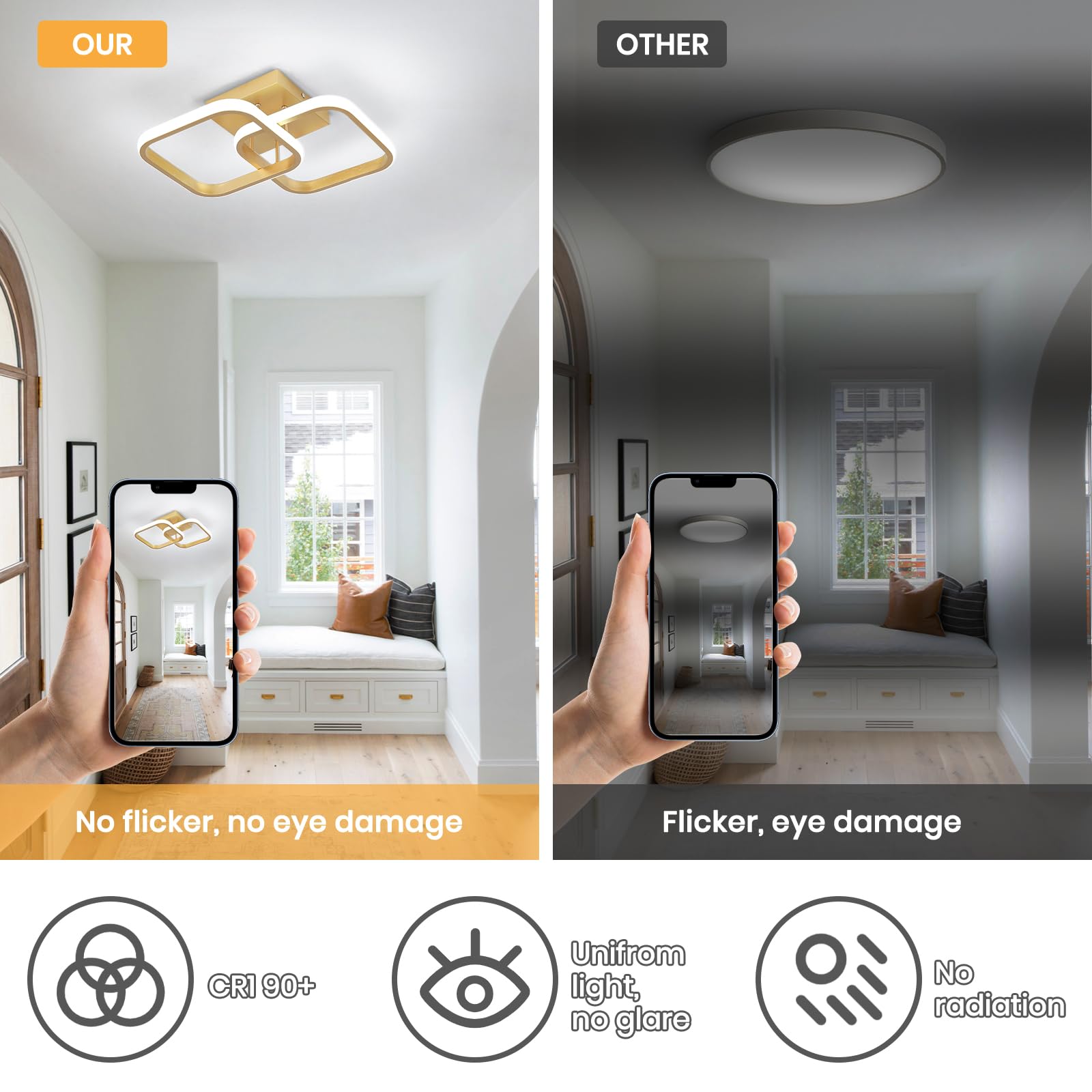 Caneoe 2 Packs Led Ceiling Light Fixture Modern Hallway Light Fixtures Ceiling Lighting Square Close To Ceiling Lights For Bathroom Bedroom Kitchen Balcony Stair Small Hallway Lamp (Gold)