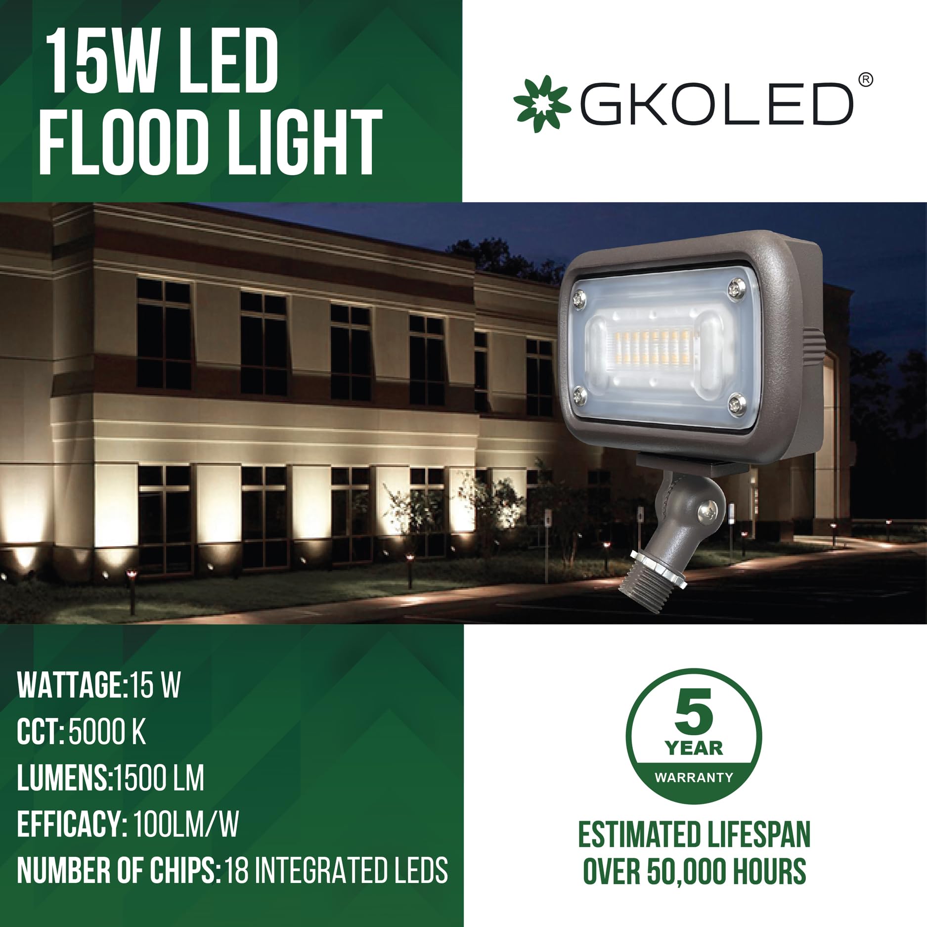 Gkoled 15W Led Floodlight, Outdoor Security Fixture, Waterproof, 1500 Lumens, 50W Mh Equivalent, 5000K Daylight White, 120-277V, Ul-Listed, 5 Years Warranty