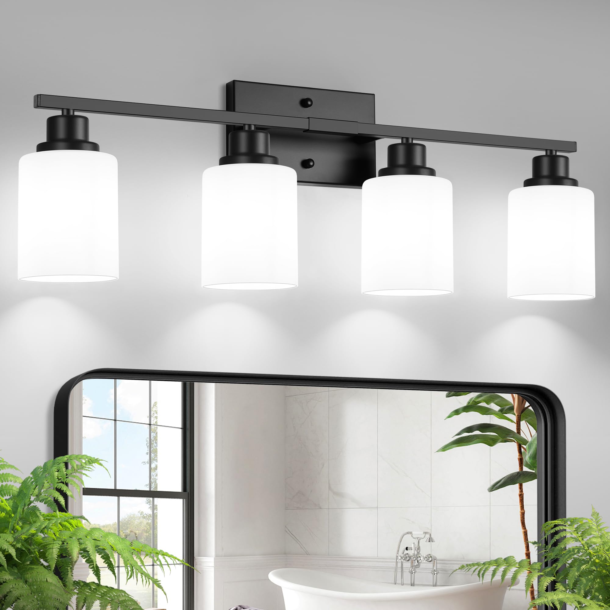 Ascher Bathroom Light Fixtures  4-Light Vanity Light Over Mirror  Matte Black Wall Sconces with Milky White Frosted Glass Shades  Wall Lamp for Living Room Bedroom  E26 Base(Bulbs Not Included)