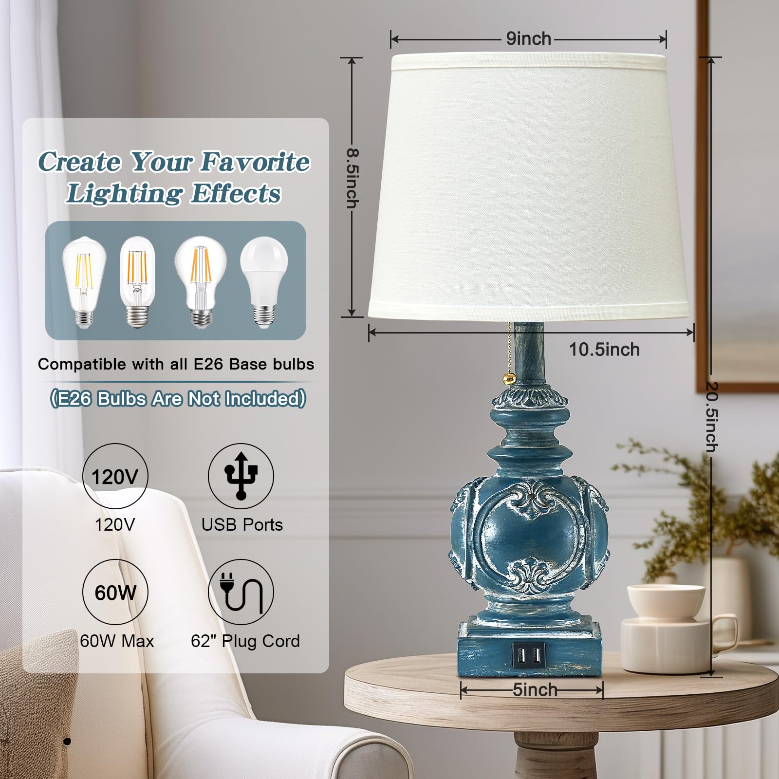 Fullarge 20.75in Farmhouse Table Lamps Set of 2, Rustic Bedside Lamps with 2 USB Ports, Antique Nightstand Lamp, Washed Blue