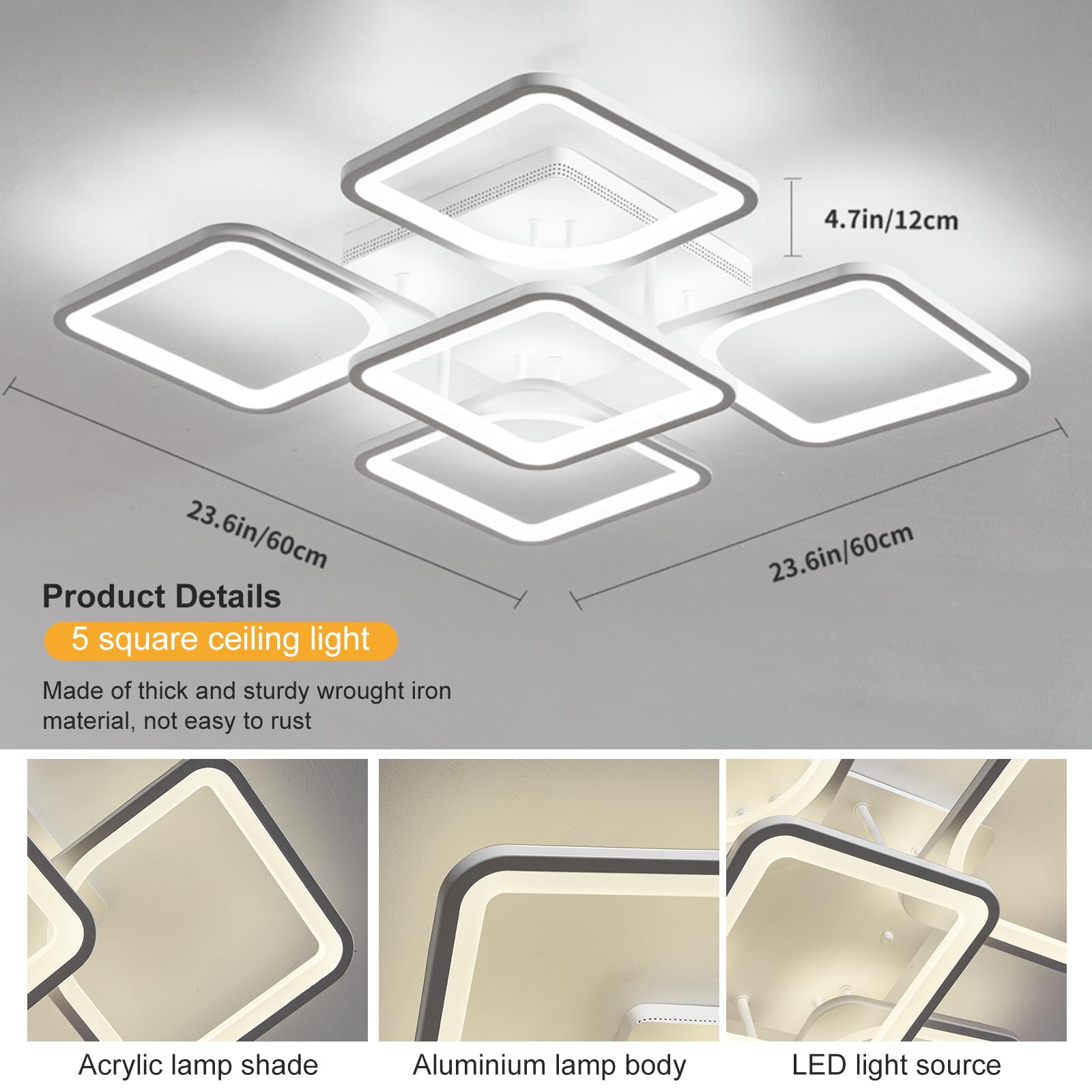 Jaycomey Modern Dimmable Led Ceiling Light, 23.6'' Flush Mount Ceiling Lights Fixture With Remote Control, Acrylic 5-Square Ceil