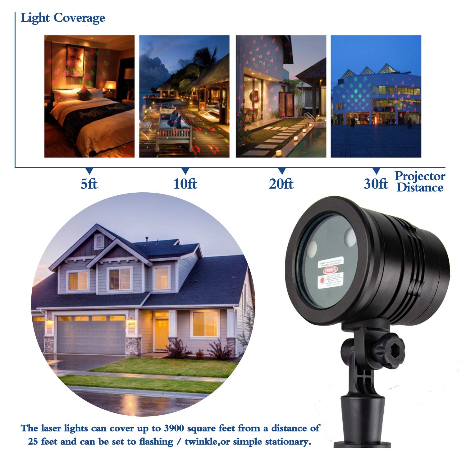 Rgb Laser Christmas Lights - Indoor/Outdoor, 3 Colors, Multiple Patterns, Waterproof With Remote - For Holiday Decor