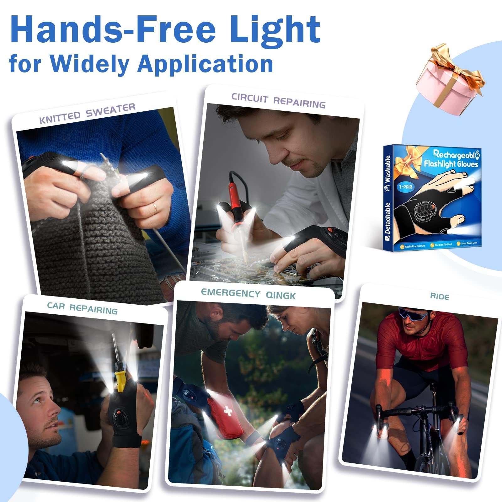 PARIGO LED Flashlight Gloves - Hands-Free Light Tool for Men, Cool Christmas Gifts, Dark Black Turtle Design