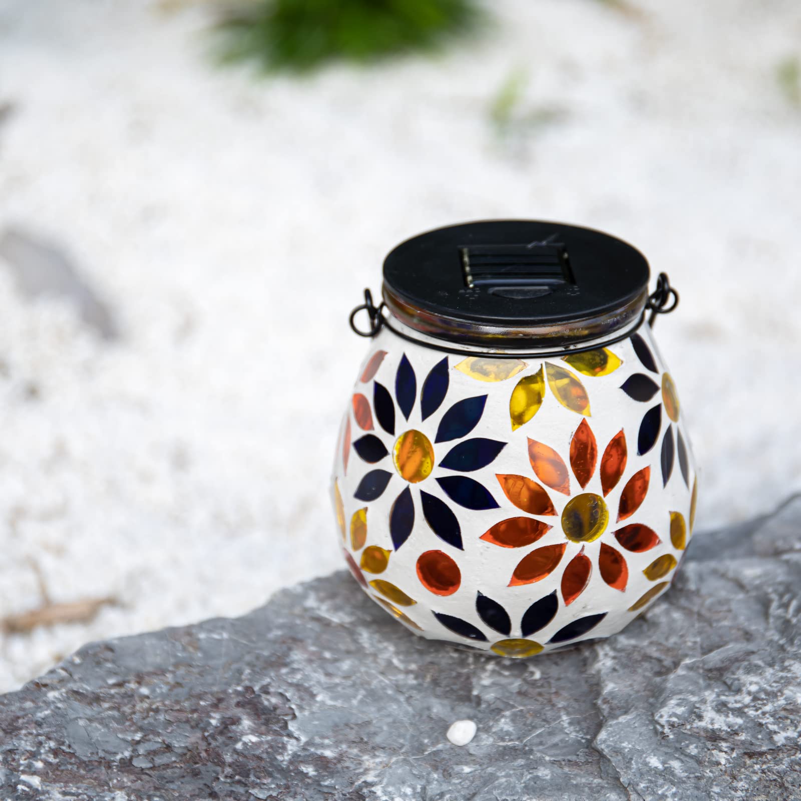 Afirst Mosaic Solar Lantern - Glass Hanging Light, Waterproof Table Lamp for Garden, Patio, Holiday - Model 4431910A, Color Daisy