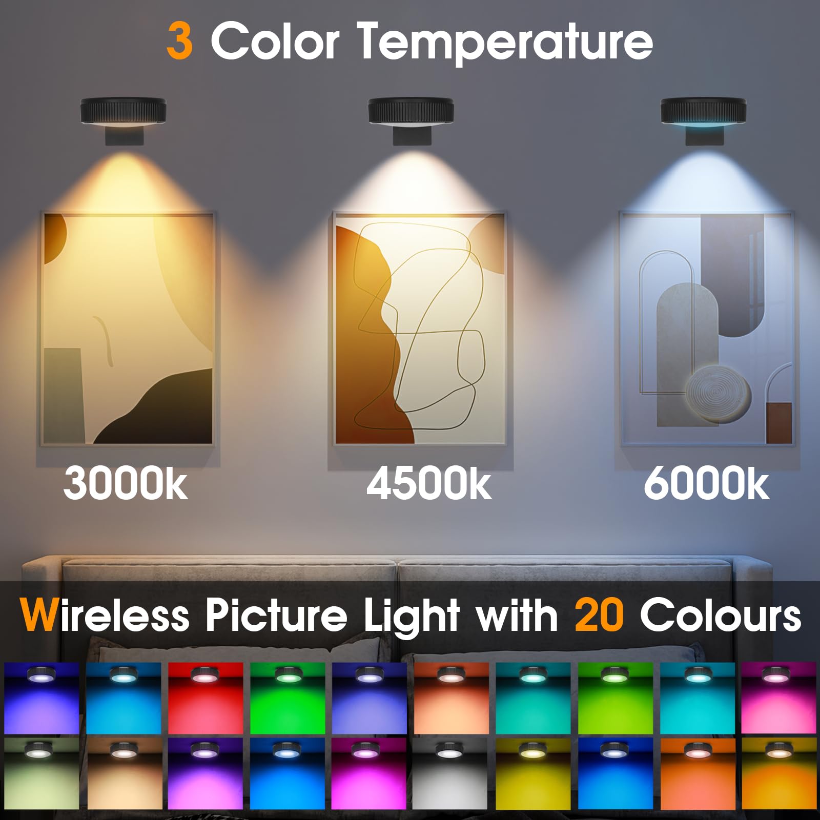 SIXDEFLY RGB Magnetic Suction Spotlight - Battery-Powered, Wireless, Remote Control, 6 Pack, White