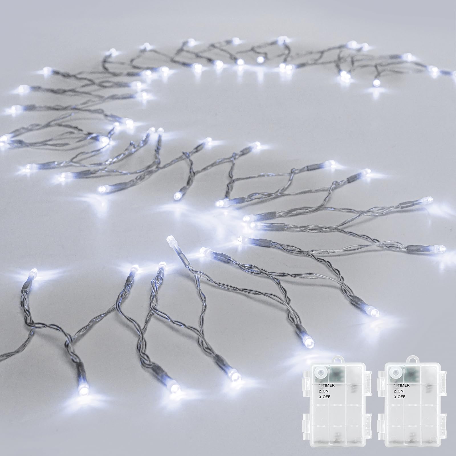 cshare String Lights Outdoor 30 LED Cool White 9.8ft Battery Operated with Timer, Clear Wire, 2 Packs
