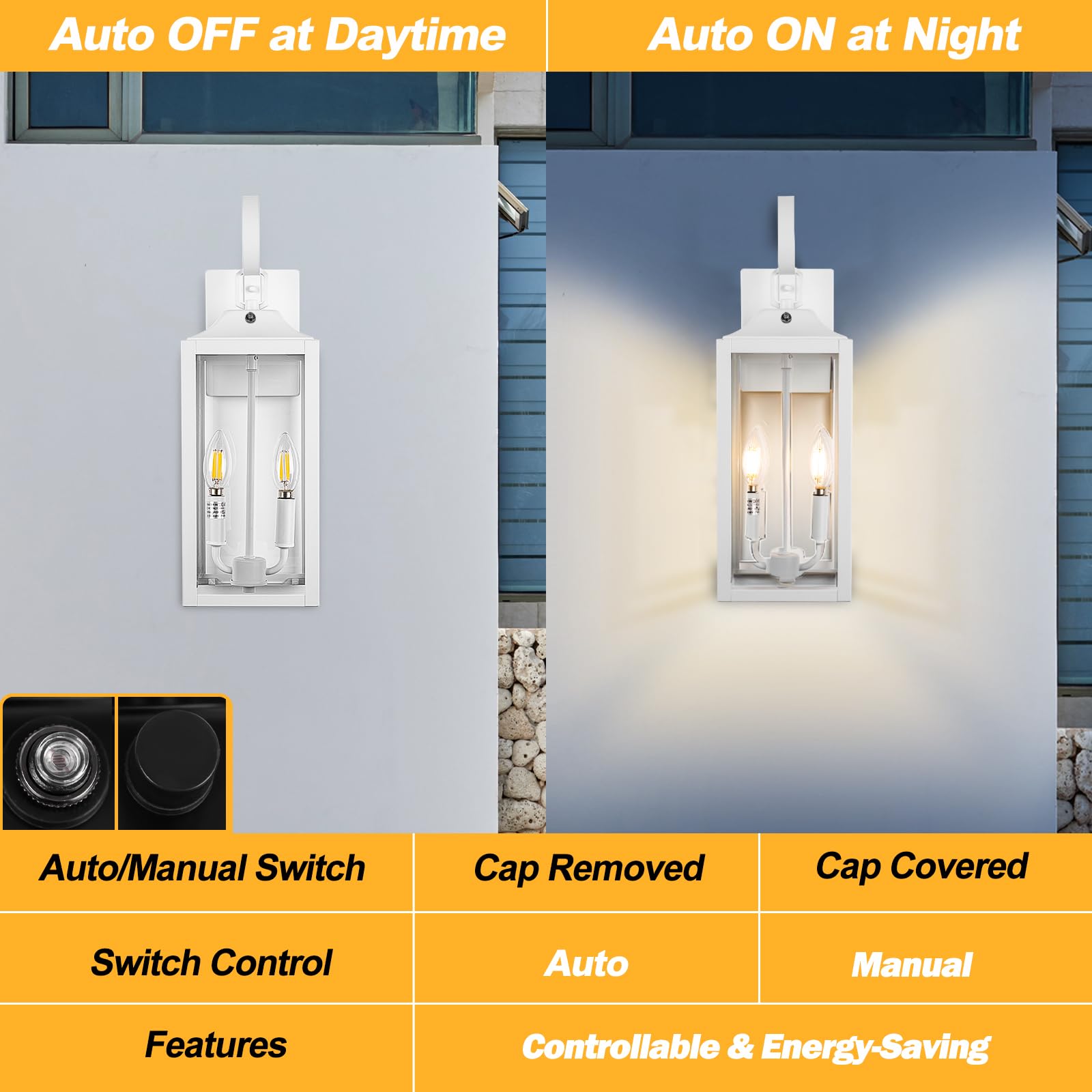 Yolsunes White Dusk To Dawn Outdoor Wall Lantern 2-Light, 19'' Large Outside Modern Wall Sconce Light Fixture, Industrial Porch