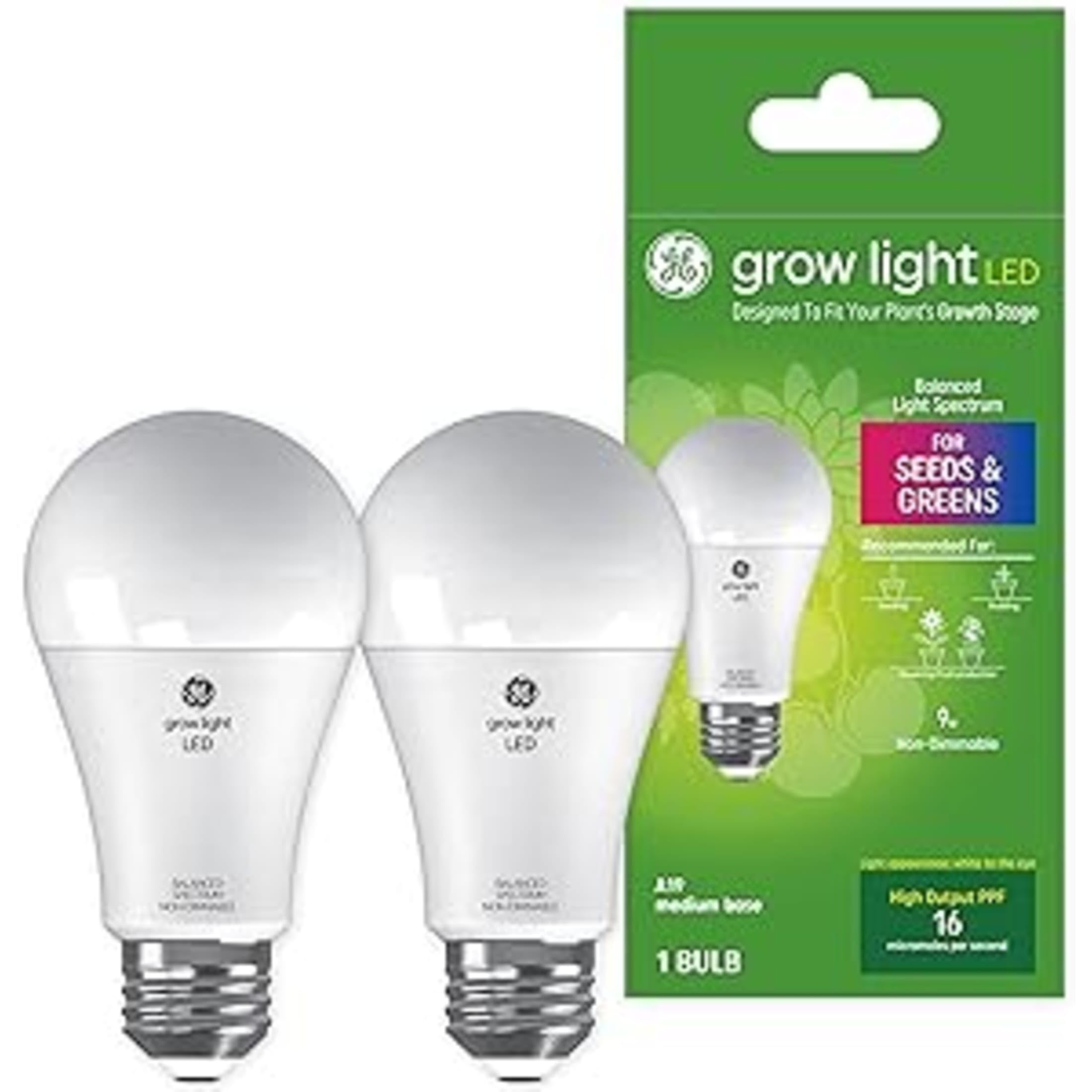 GE Grow LED Light Bulb for Plants Seeds and Greens  Balanced Light Spectrum  A19 (2 Pack)