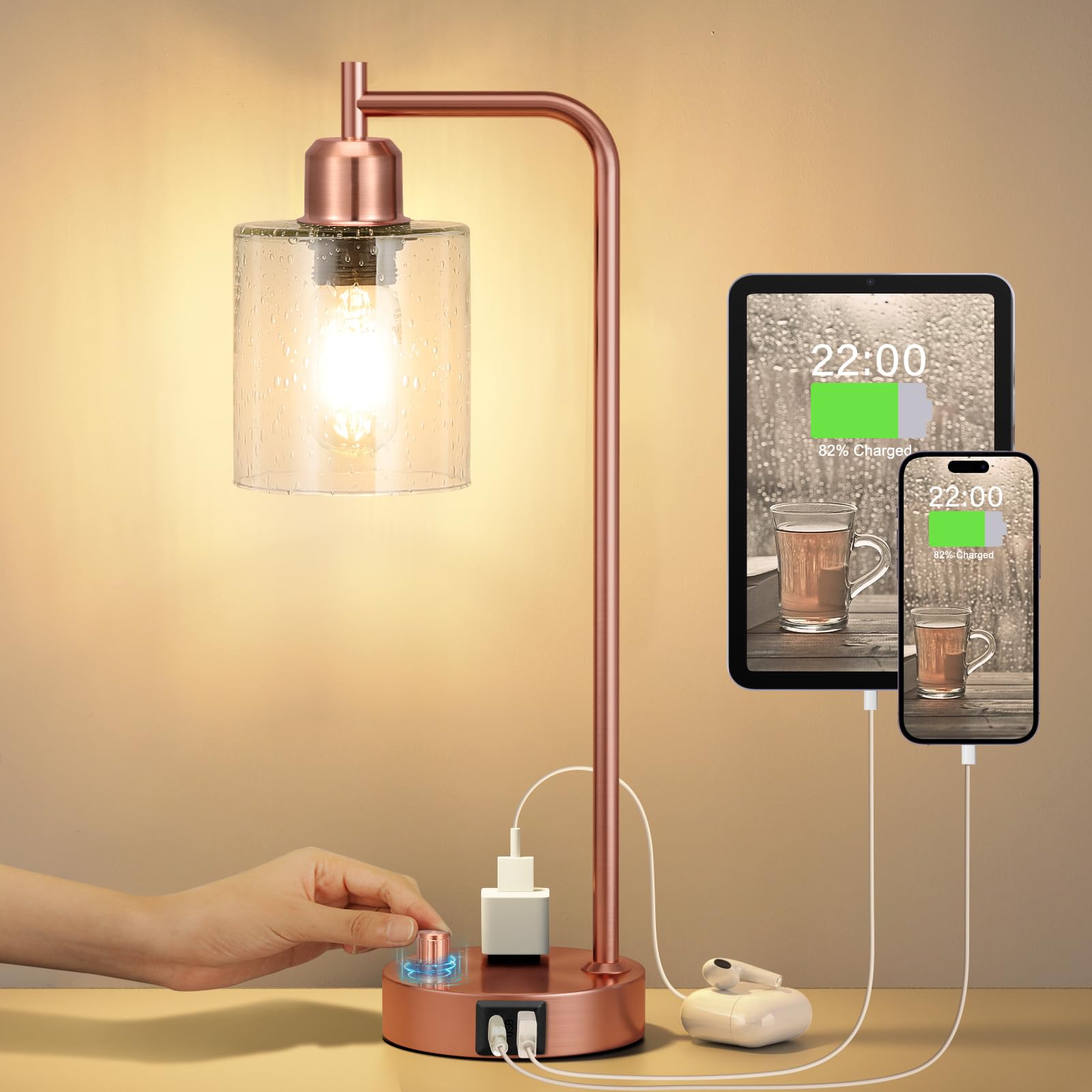 Innqoo Copper Industrial Bedside Table Lamp For Bedroom - Nightstand Lamps With Usb C Charging Port, Fully Dimmable Black Ports