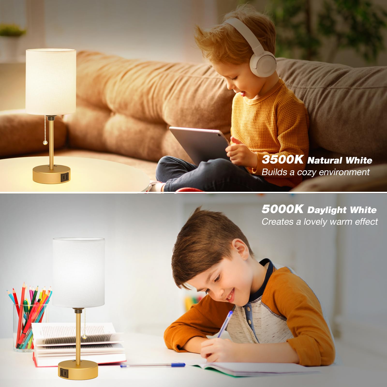 Dicoool Small Bedside Lamps 3 Color Modes - 2700K 3500K 5000K Bedroom Lamps With Usb C And A Ports, Pull Chain Gold Table Lamps With Ac Outlet, Nightstand Lamps With Gold Metal Base For Kids Reading