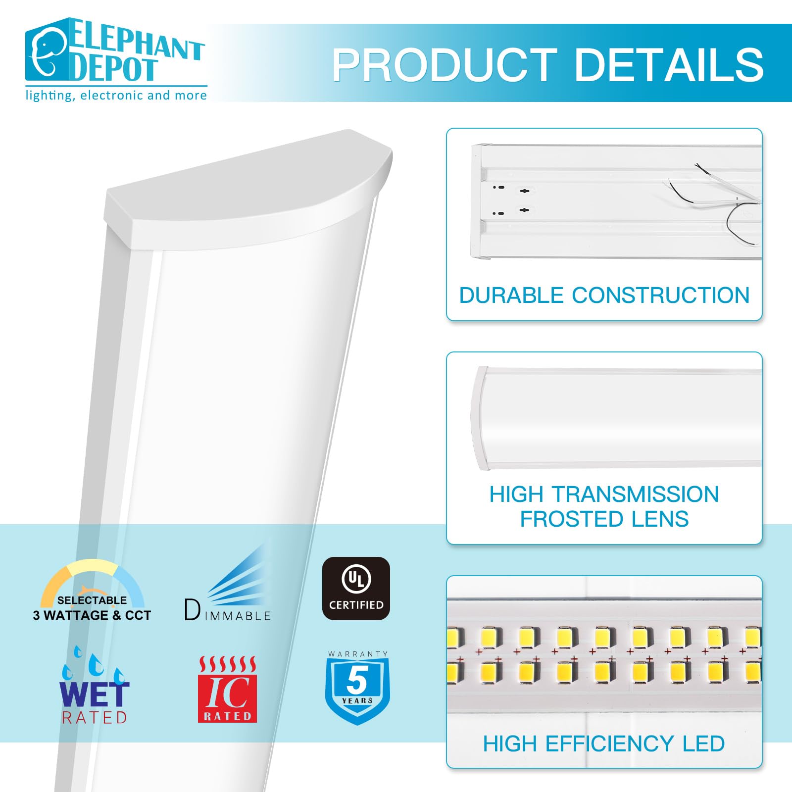 4Ft Led Wraparound Light Fixture, 48 Inch Kitchen Lighting Fixtures Ceiling, 54W 6210Lm,3500/4000/5000K, 120-277V Commercial Ele