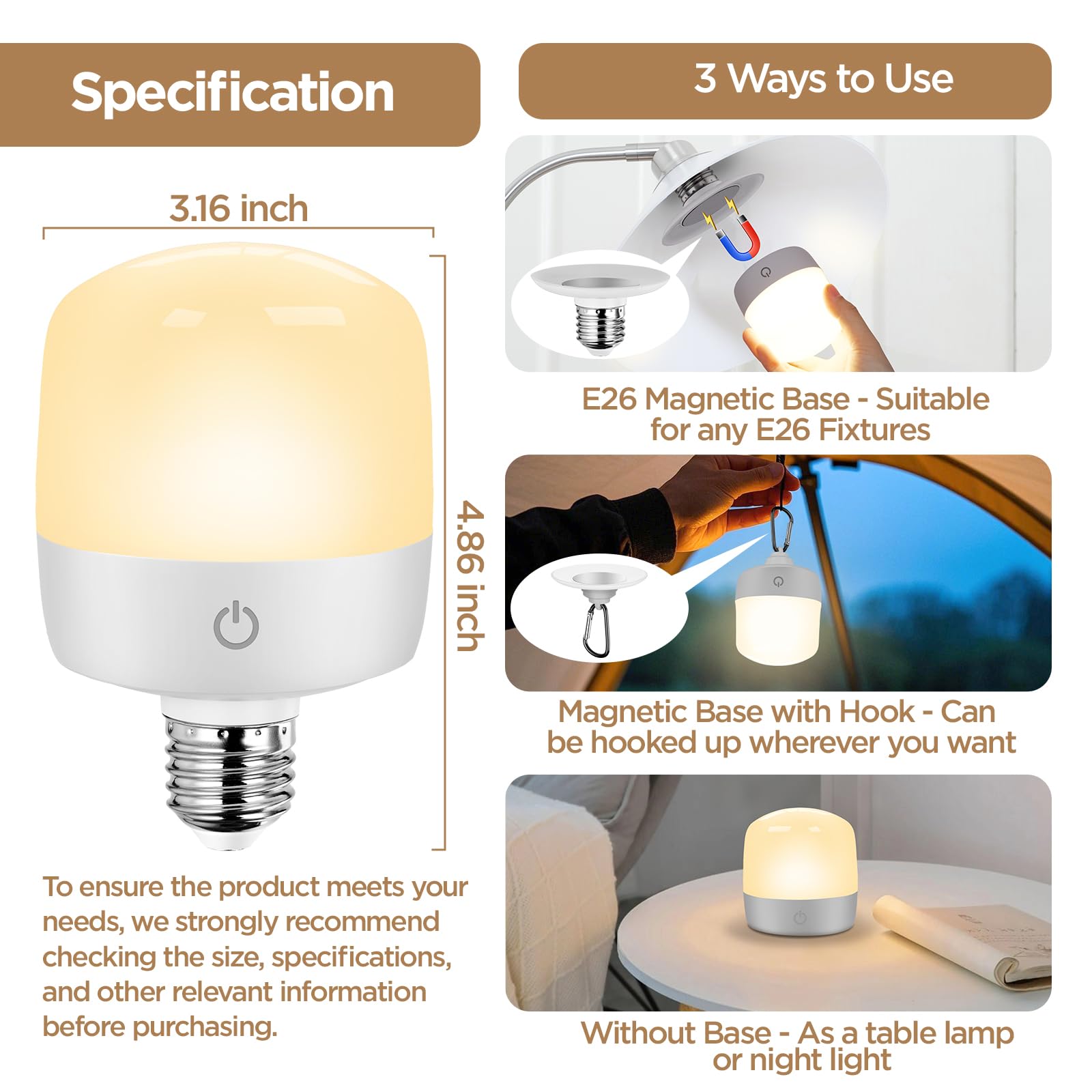 Yochoice Rechargeable LED Light Bulb 4-Pack, Dimmable, Remote Control, E26 Base, 4000mAh, White, 15 Colors, 3 Timers