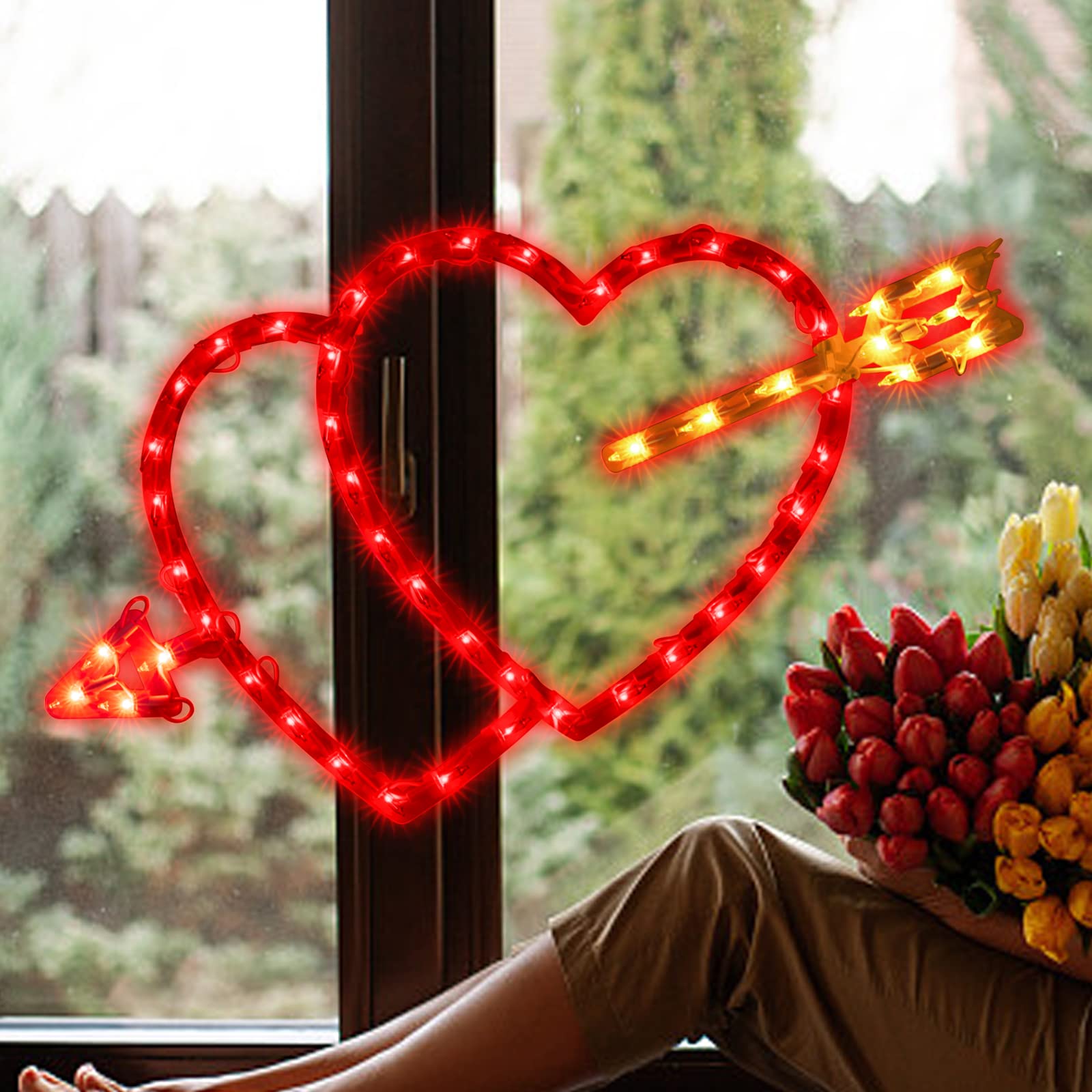 LAMPHOME Lighted Red Double Heart Window Silhouette Decoration, 50L, Polycarbonate, Model LX2828