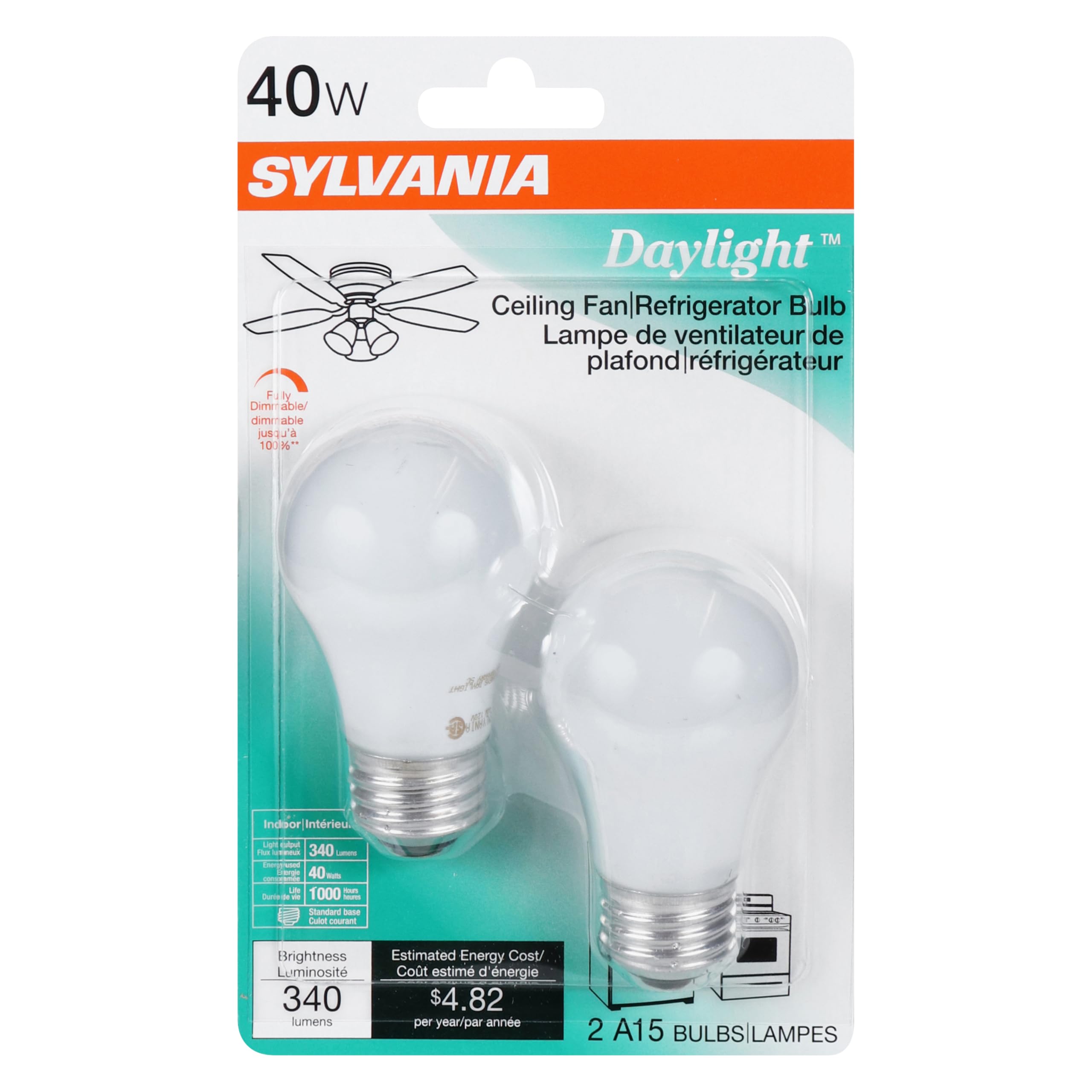 SYLVANIA Home Lighting 10181 Incandesent Bulb, A15-40W-2850K, Medium Base, Pack of 2 (2 Pack)