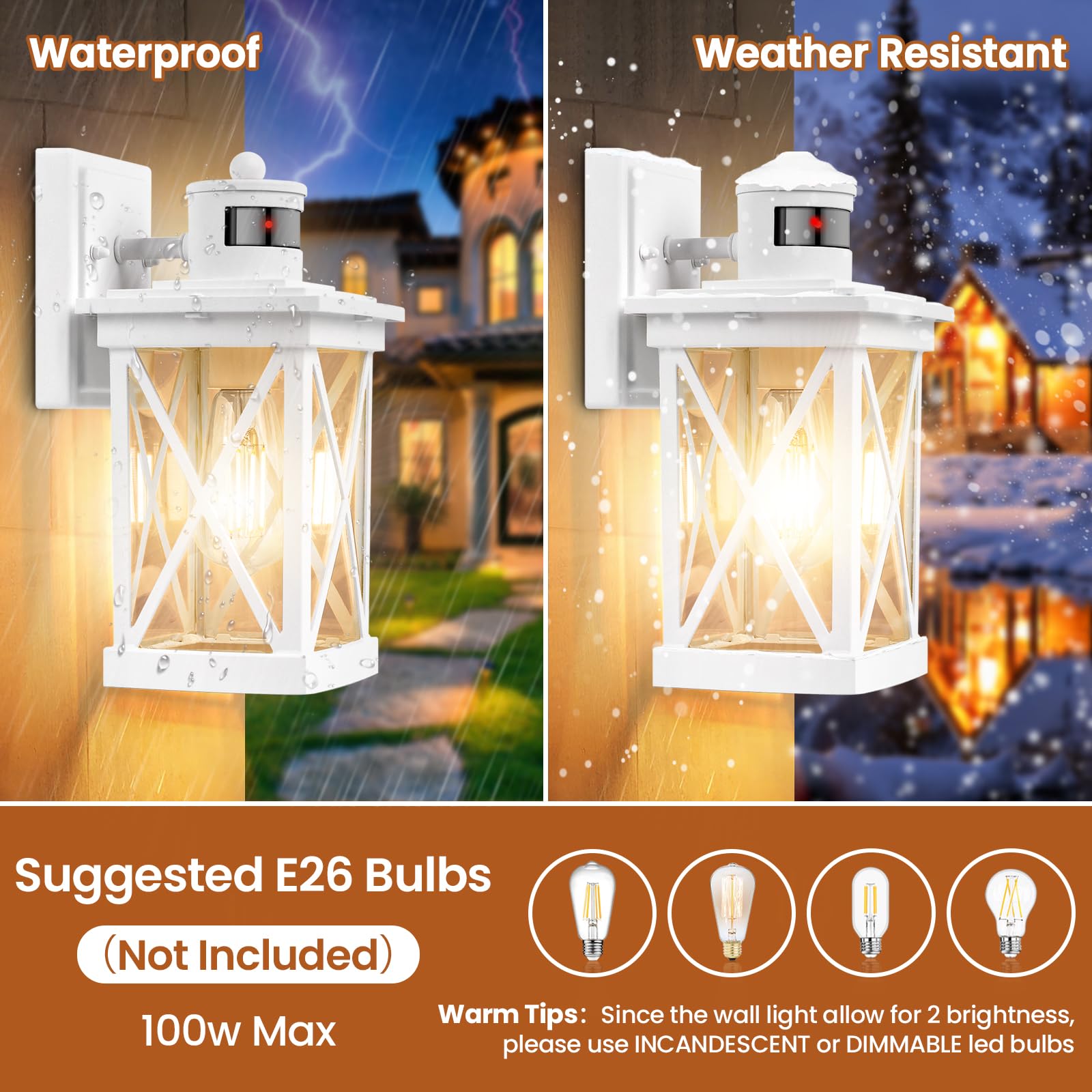 Motion Sensor Outdoor Lights Wall Mount, 2 Packs White Dusk To Dawn Waterproof Outside Wall Lights For House, 100% Anti-Rust Alu