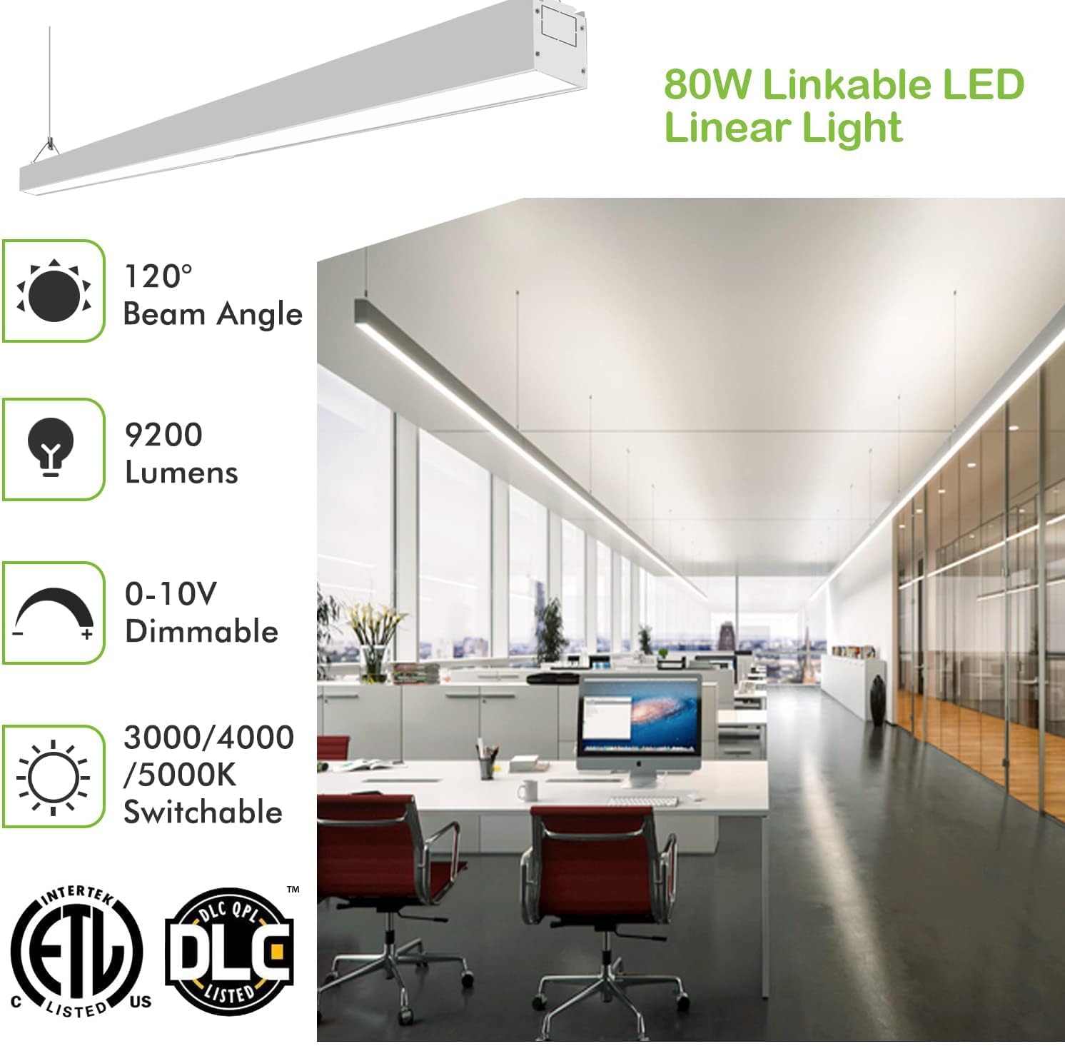 Hykolity 8Ft Linkable Led Linear Light  80W 9200Lm 3000K/4000K/5000K Cct Selectable  0-10V Dimmable Architectural Led Suspension Office Lighting Fixture For Market  Garage  Etl 4 Pack - Silver