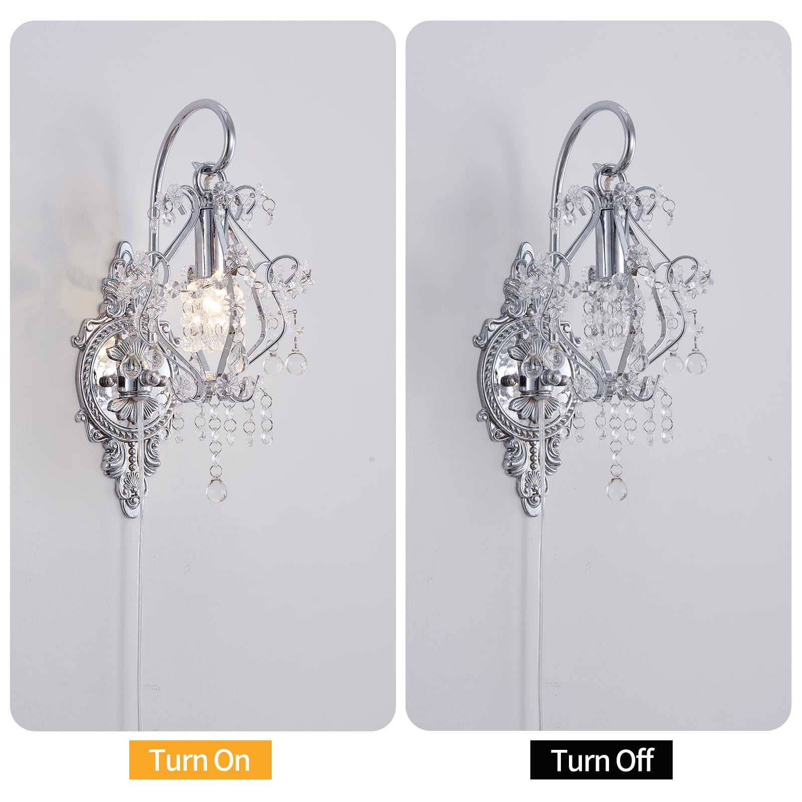Fetason 2 Pack Vintage Crystal Wall Sconces, Silver Plug-in Indoor Lighting, E12 LED Compatible, Model FT603