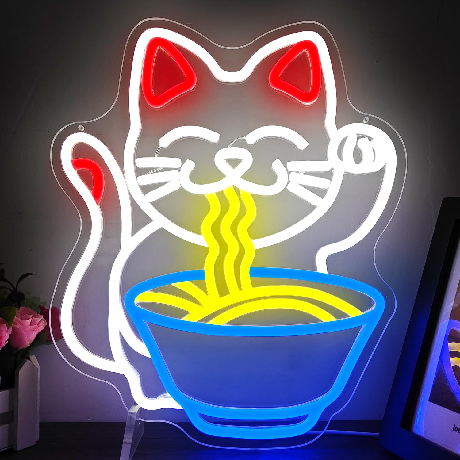 Fortune Cat Ramen Neon Sign Cat Neon Sign Dimmable Japanese Noodles Led Neon Signs for Wall Decor Anime Light Up Signs Neon Ligh