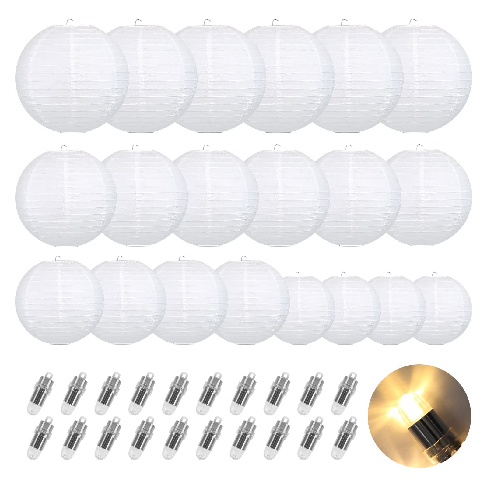 LIHAO 20PCS White Paper Lanterns with Lights, Round Hanging Paper Lanterns Decorative Chinese Lanterns for Wedding Anniversary B