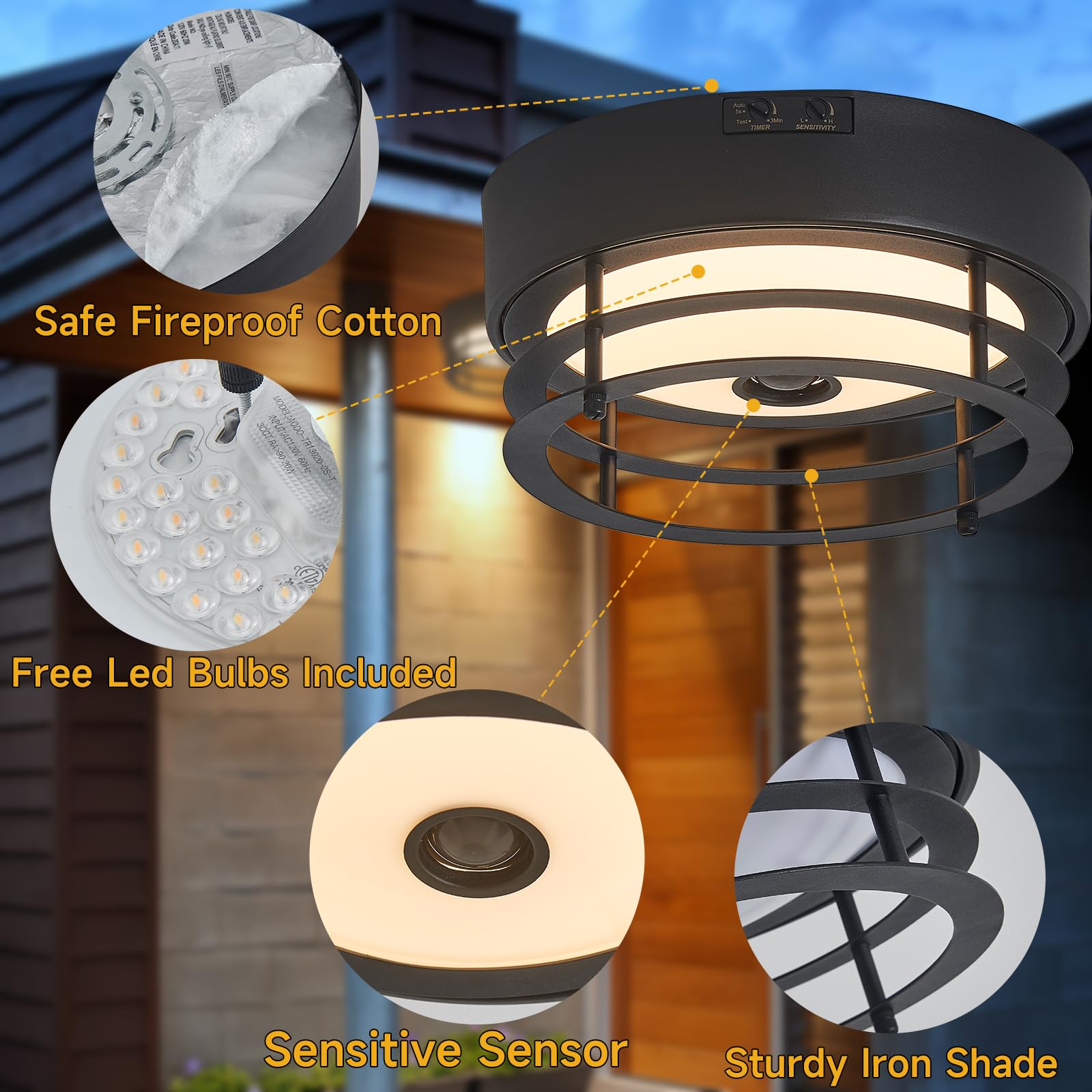 Yisuro Outdoor Ceiling Light With Motion Sensor Flush Mount Farm House Porch Light Ceiling Mount Led Light Fixture - Adjustable
