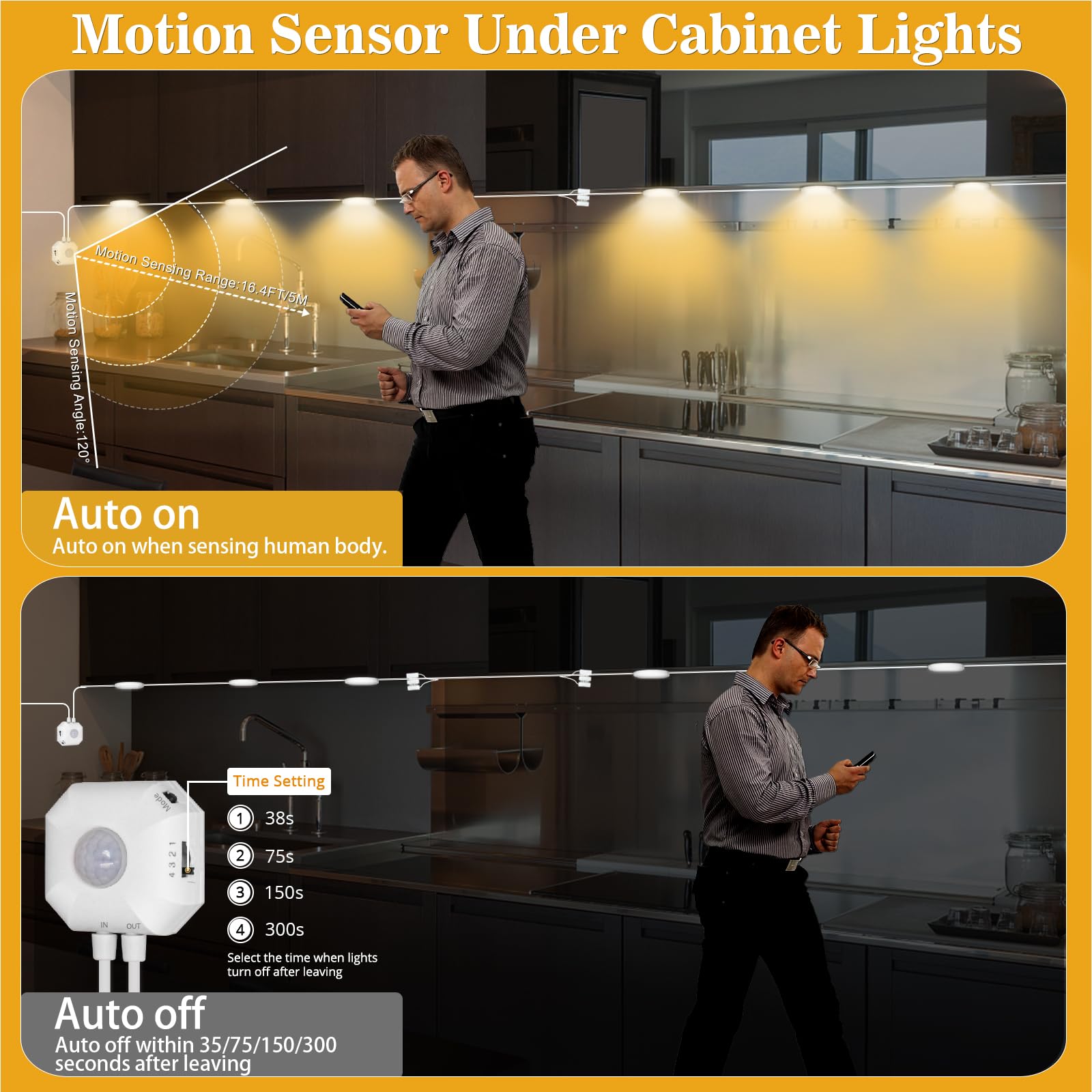 Under Cabinet Motion Sensor Lights, 3 White Color Plug-In, Indoor For Kitchen, Closet, Stairs