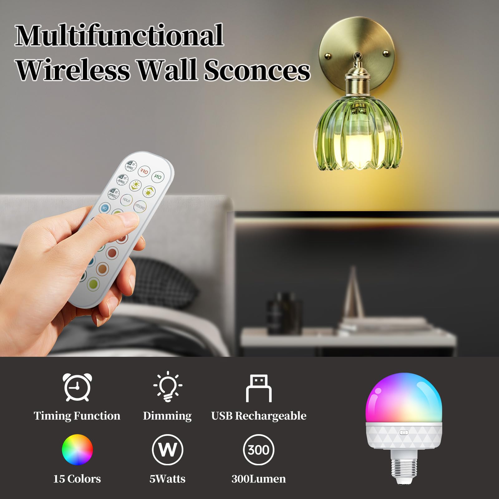 GEEZO Vintage Battery Operated Wall Sconce, Rechargeable, Remote Control, 2 Pack, Tulip Green, Model GEEZO-Y-8