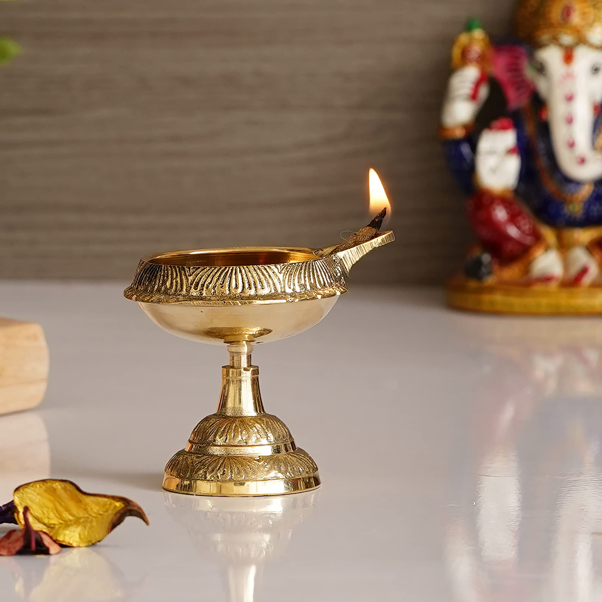 eCraftIndia Golden Handcrafted Decorative Brass Diya - Auspicious and Designer Diya for Puja Room, Home, Office, Temple Decor fo