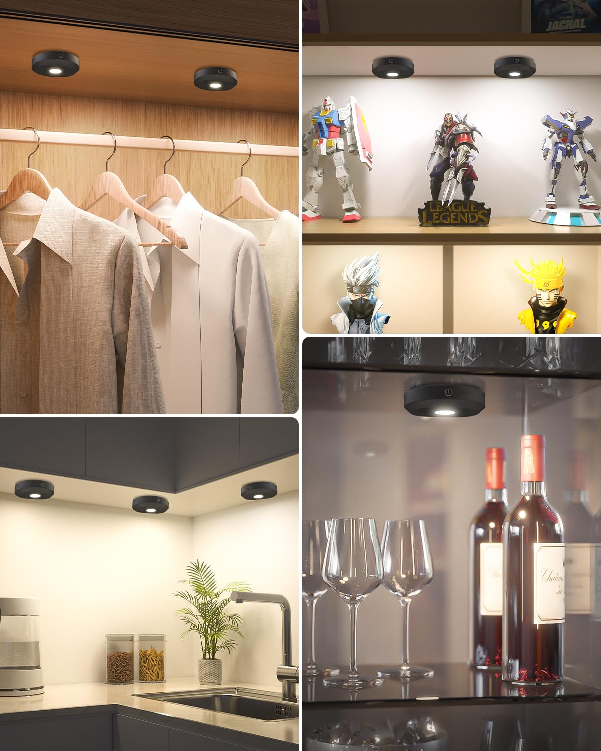 Willed Under Cabinet Lighting Wireless,Rechargeable Puck Lights With Remote Control,Battery Tap Light Stick On,3 Colors And Time