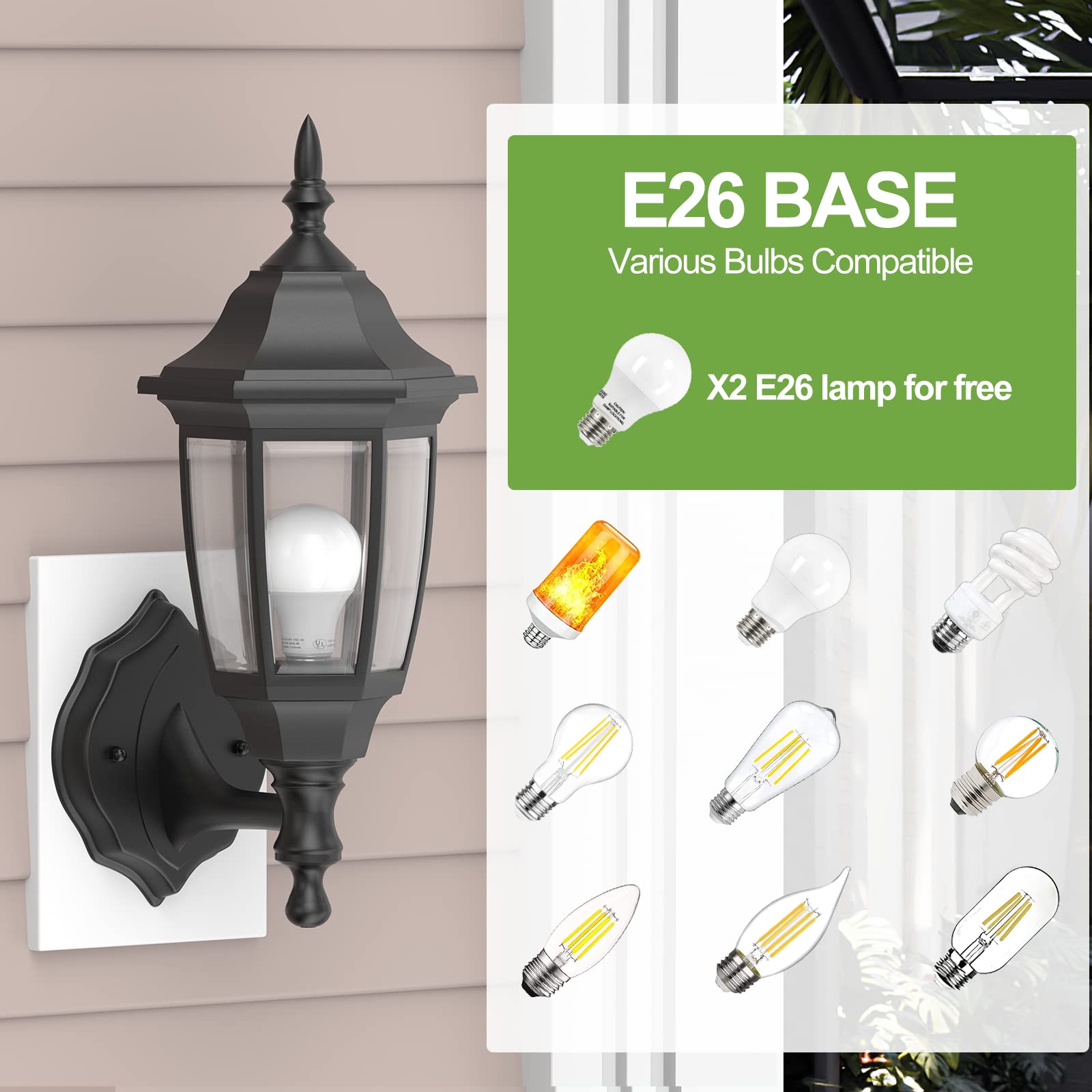 EMART Outdoor Porch Light - Waterproof Wall Lantern, Black Plastic, No Sensor, Model EM-GL-1, 1 Pack, Bulb Included