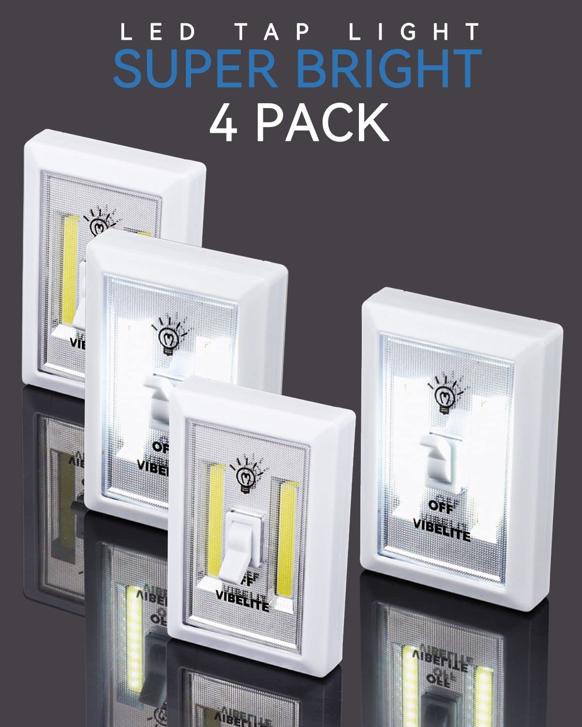 VIB high-standard LED Night Light Switch - 200 Lumen, Wireless, Battery Operated, 4 Pack, White, Ideal for Cabinets, Closets, and Emergency Use