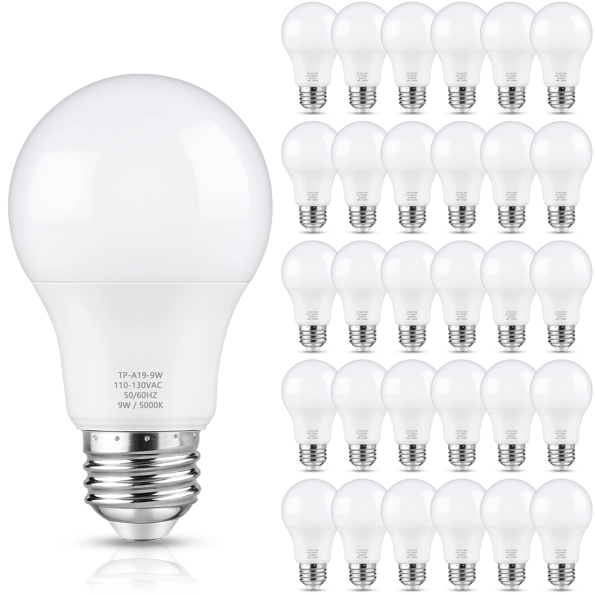 Maylaywood A19 Led Light Bulbs, 60 Watt Equivalent, 5000K Daylight White, 850 Lm, Non-Dimmable, E26 Base, 9W Bright White Led Bu