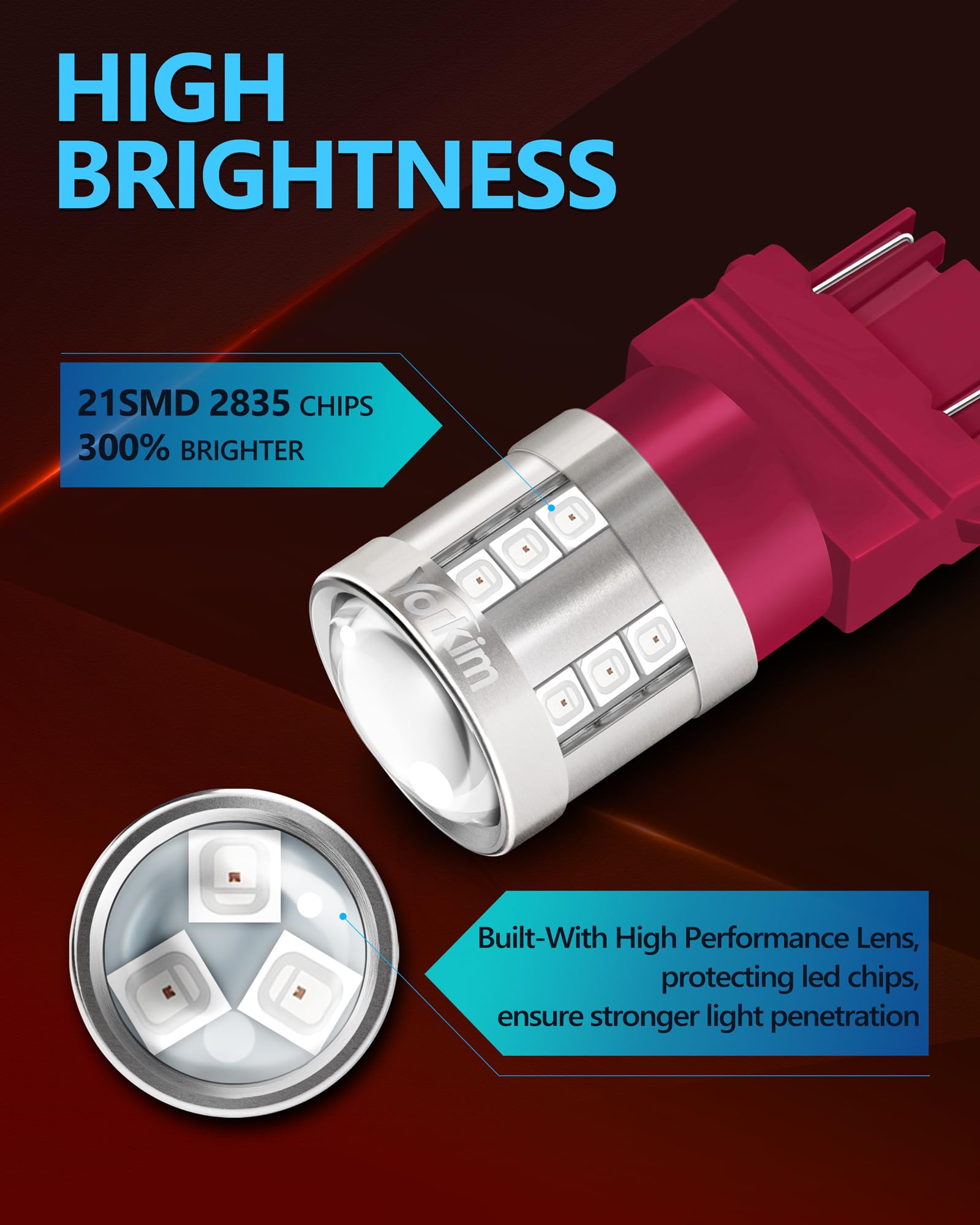 Yorkim LED Brake Light Bulb 3157, Red, LED Replacement Lamp for Stop Lights and Tail Lights, Pack of 2