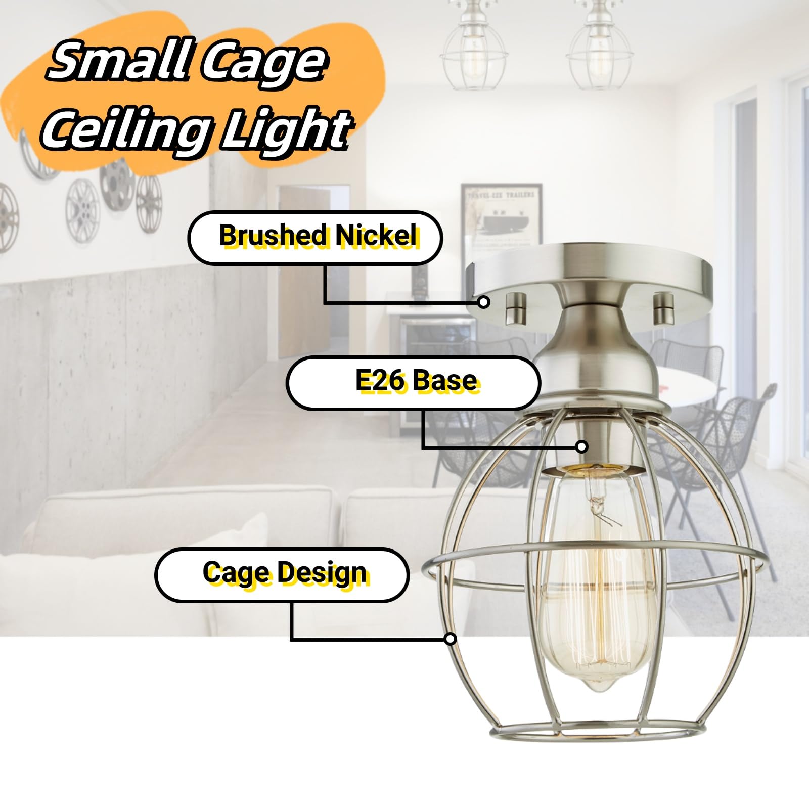 Wisbeam Semi Flush Mount Ceiling Light, Metal, E26 Base, 60W Max, Nickel Finish, Etl Rated, Model Ws-Cl018, Bulbs Not Included, 1