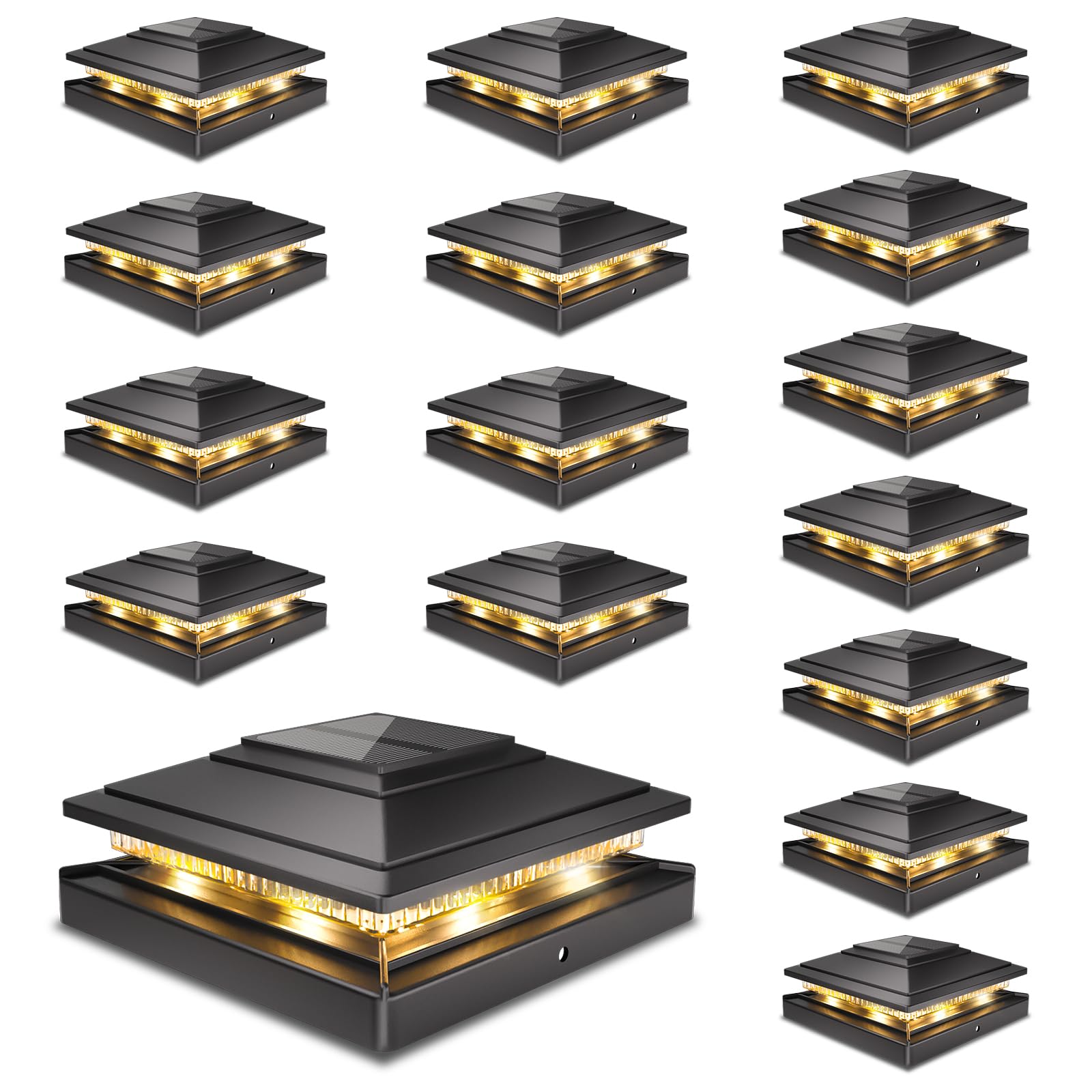 Solar Post Cap Lights Outdoor 16pack  Waterproof Fence Post Lights for 4x4 5x5 6x6 Wood/Vinyl Posts  Black Solar Deck Post Lights with 2 Color Modes Decorate Garden Patio Porch Backyard