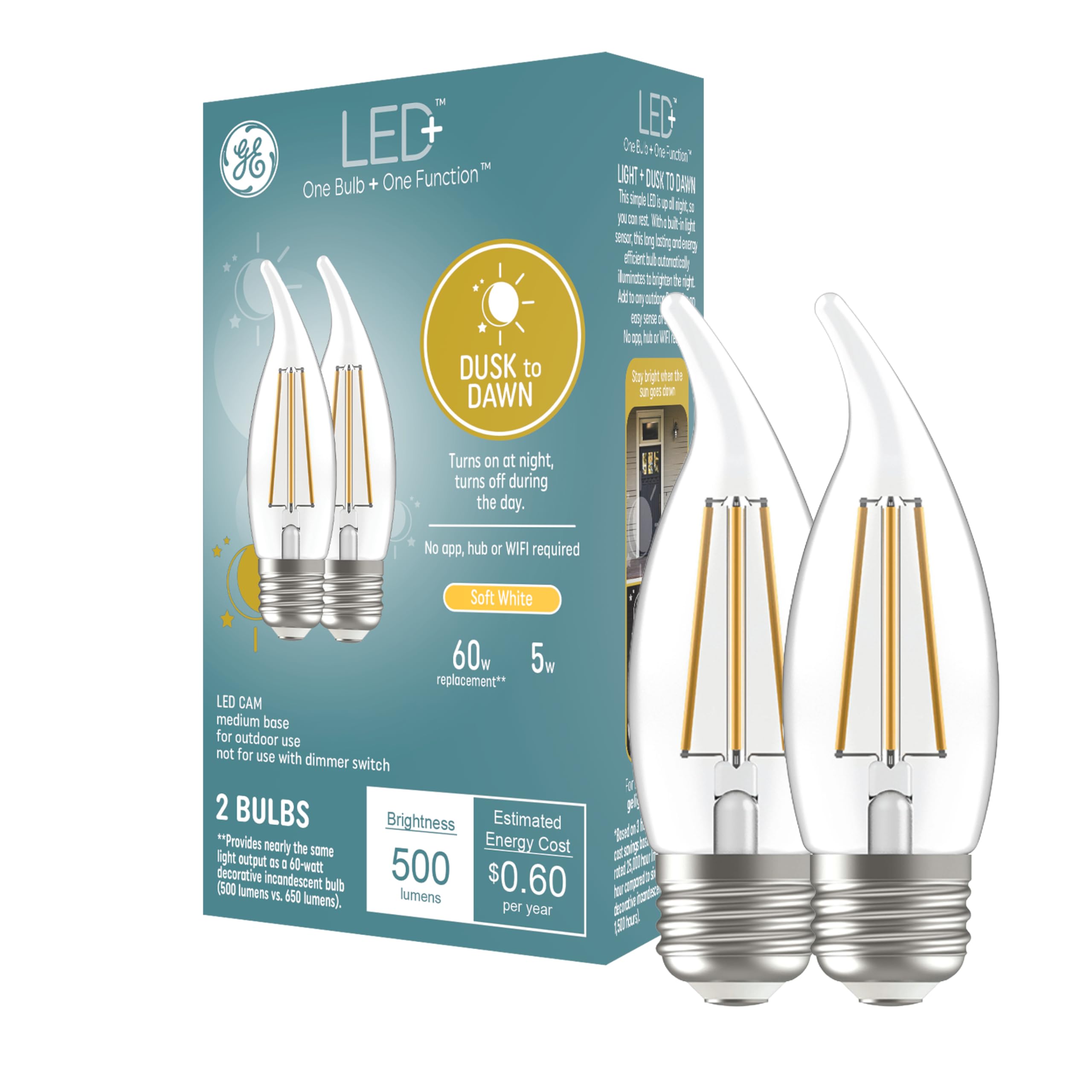 Ge Led+ Ca11 Dusk To Dawn Led Light Bulbs, Automatic On/Off Outdoor Security Lights, Soft White, E26 Medium Base (2 Pack)