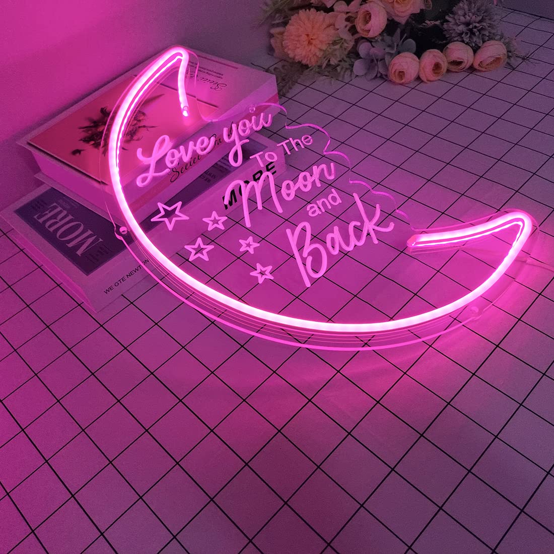 Britrio LED Moon Neon Light Sign, Pink 15.75"x10.24", USB Powered with Dimmer, Acrylic Decor for Kids' Bedroom & Parties