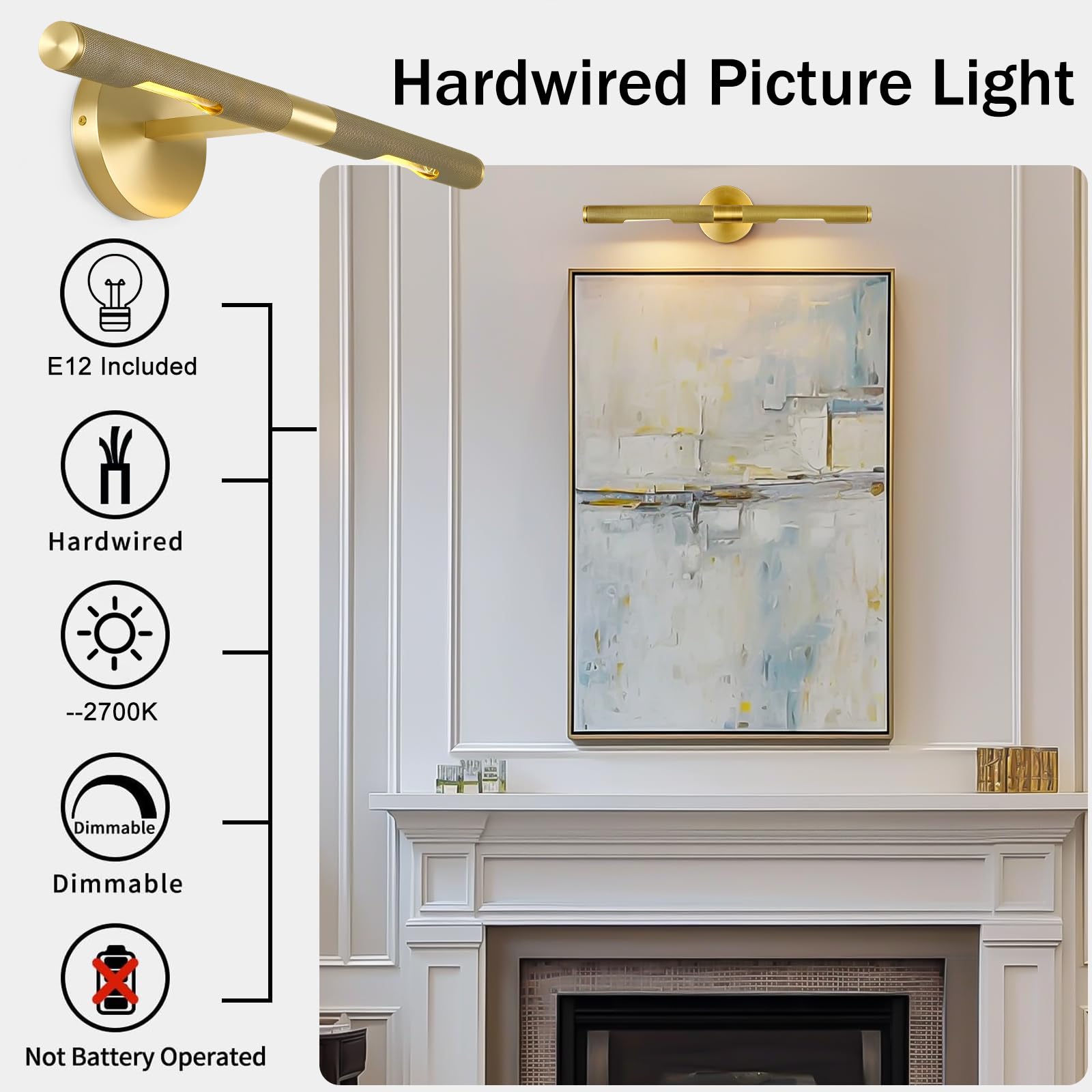 SKFWAITKW Brass 24in Hard-wired Knurled Picture Light, Dimmable 360° Rotatable Wall Sconce, E12 Bulbs Included