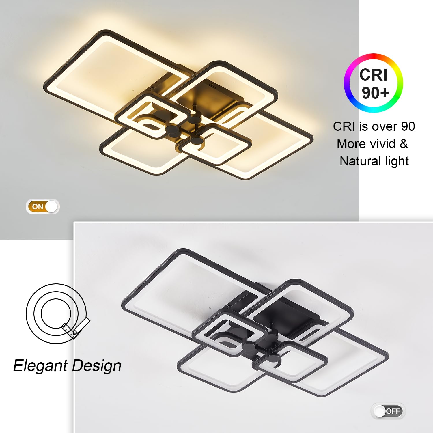 Modern Led Ceiling Light,6 Square Acrylic Black Modern Lighting Fixture Ceiling Lights For Living Room,Dimmable Lamp With Remote