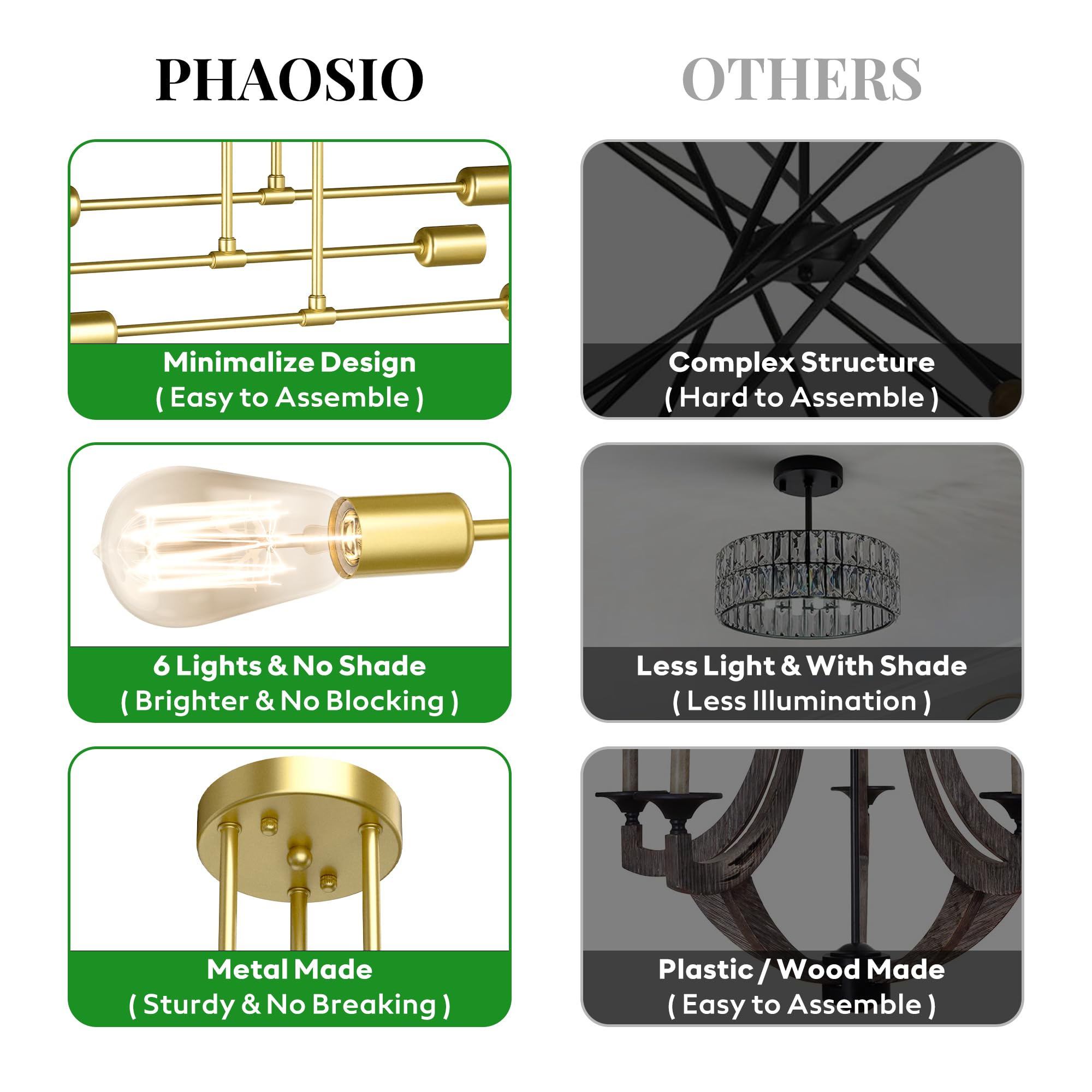 Phaosio Modern Sputnik Chandelier, 6-Light Metal Semi Flush Mount, Gold, 22” - Ideal for Dining Room, Bedroom, Living Room - Model POSI02