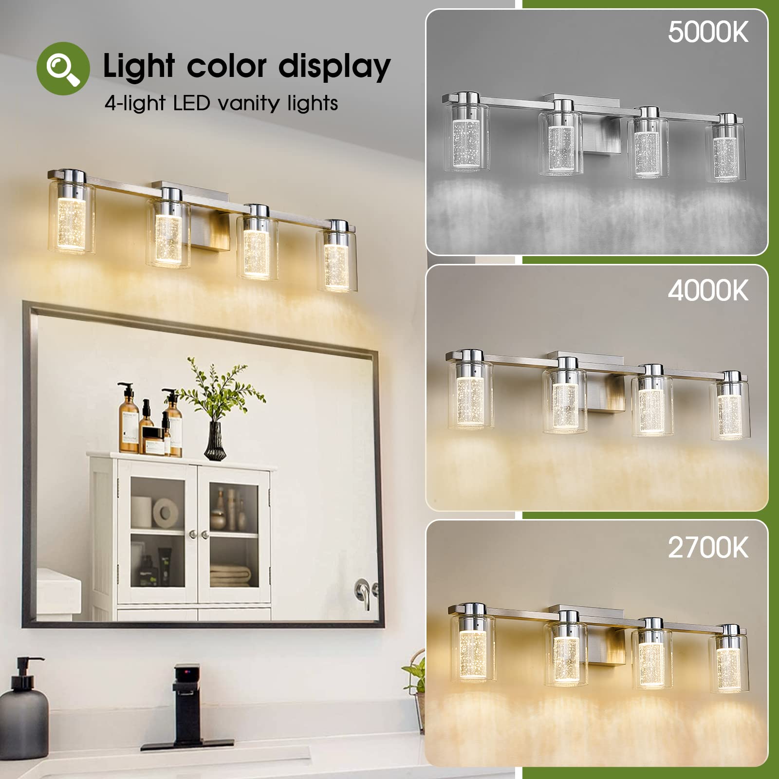 Zhizenl 4-Light Bathroom Light Fixtures, Brushed Nickel Vanity Lights, Dimmable Led Bathroom Vanity Light Over Mirror, Modern Crystal Vanity Lights For Bathroom Bedroom Hallway (Cool/Neutral/Warm)
