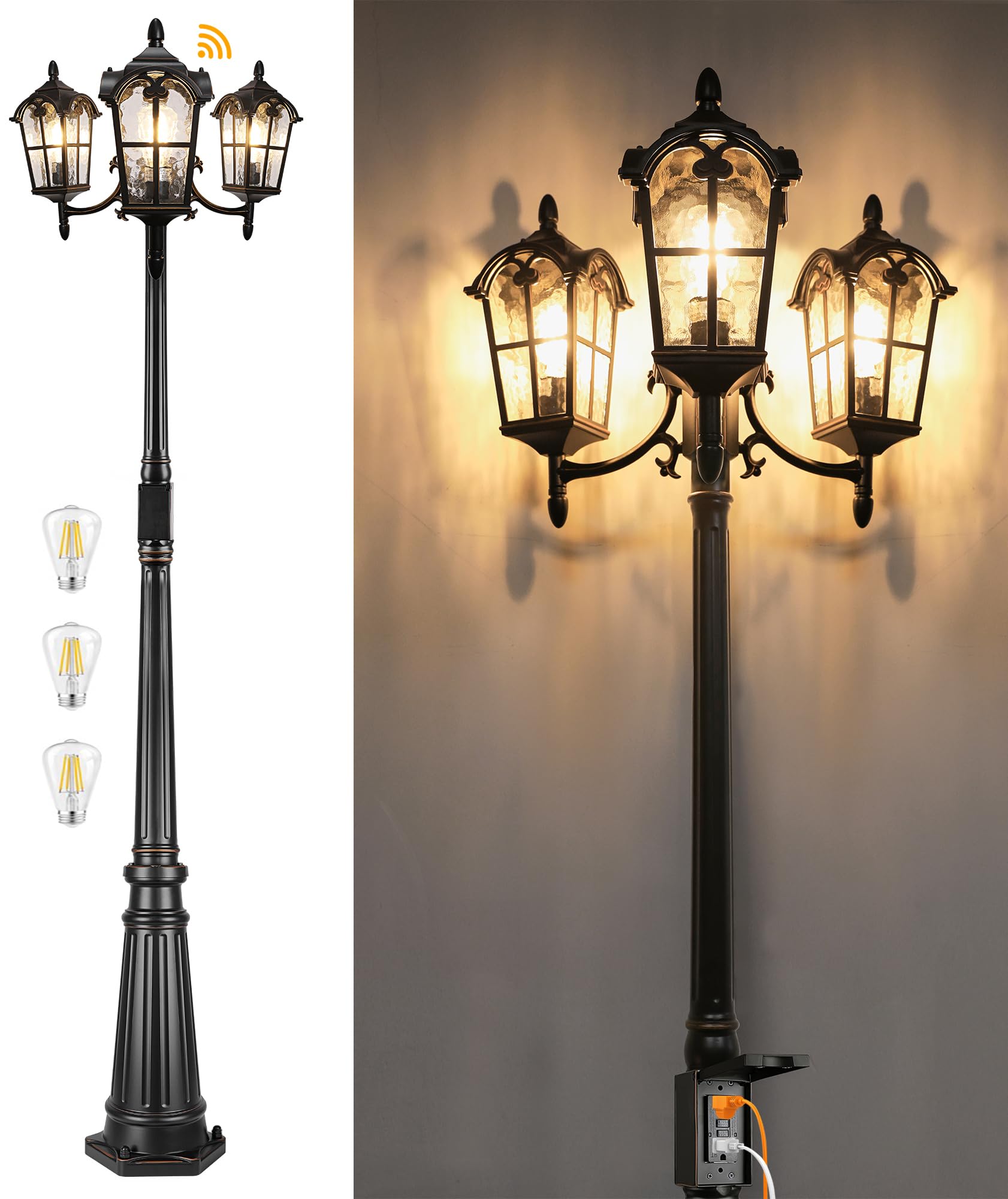 PARTPHONER Black Aluminum Outdoor Lamp Post with GFCI Outlet, Triple Head, Waterproof, Model PAPO078AB1
