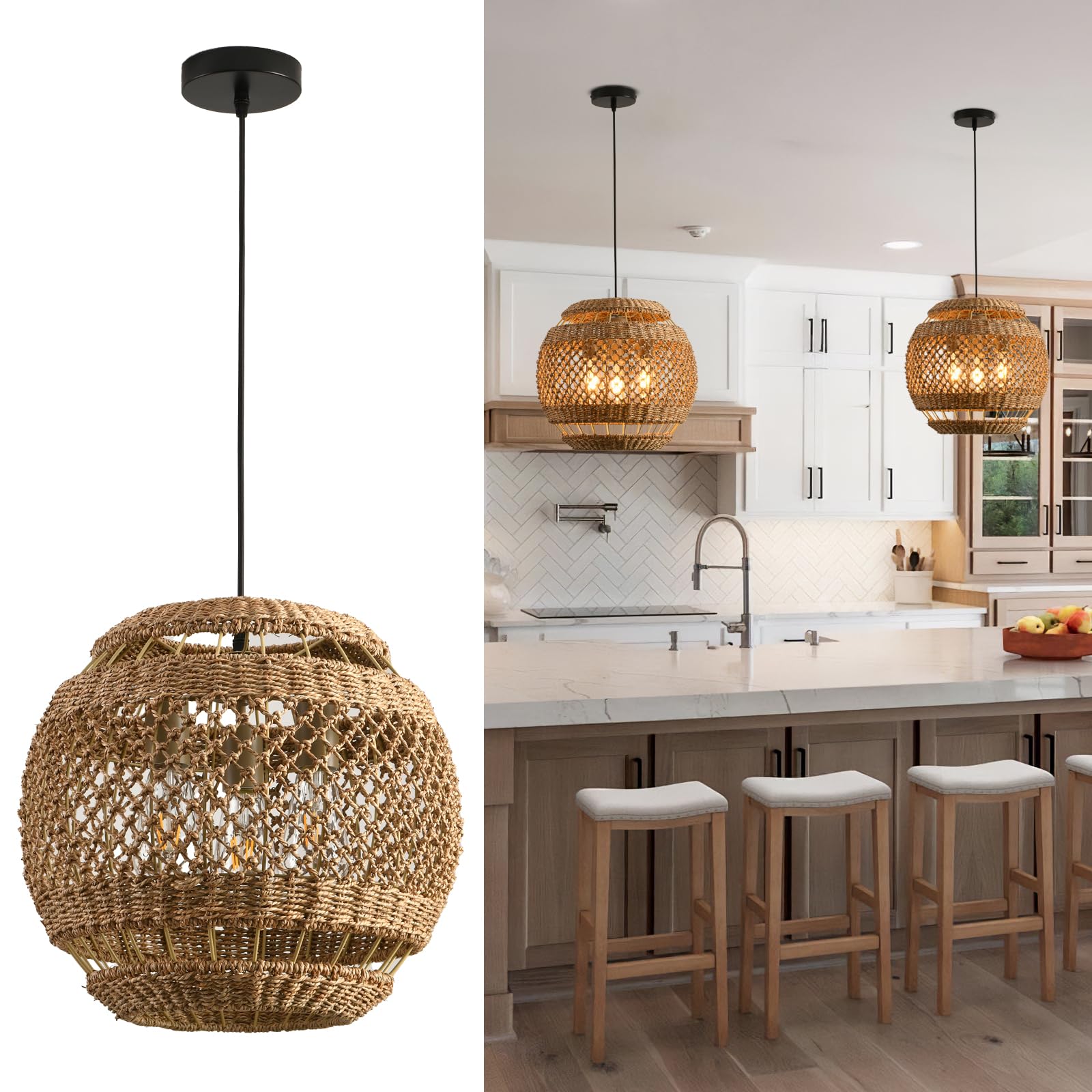 Teru Ji Kaikang 15.75'' Rattan Pendant Light 3-Light Boho Seagrass Hanging Light Hand Woven Water Plants Rattan Chandelier for D