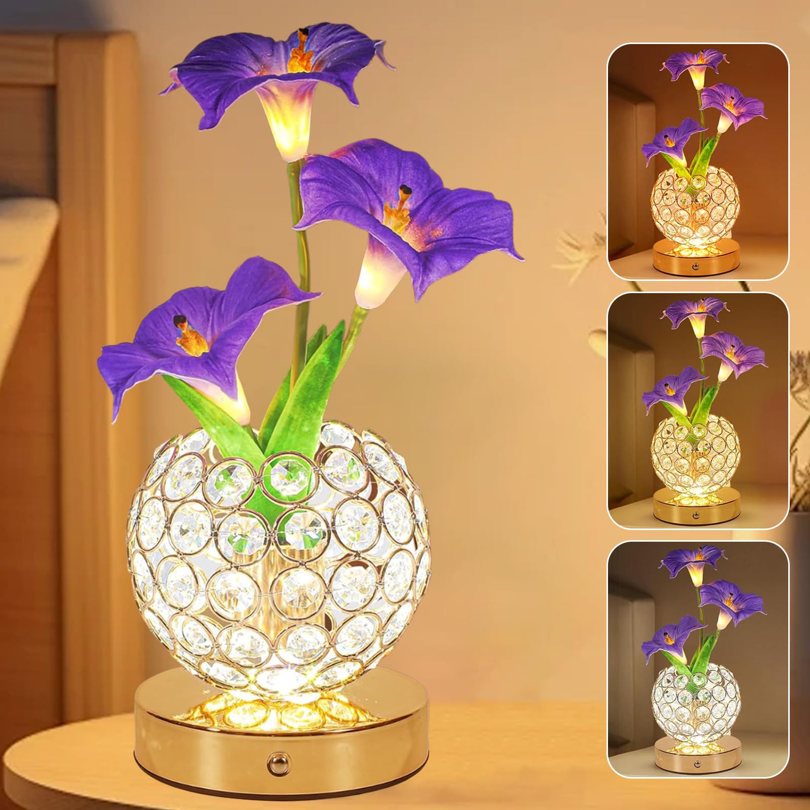 Flower Table Lamp, 3 Colors Touch Stepless Dimming Crystal Night Light, Rechargeable Artificial Morning Glory Light, LED Flower 