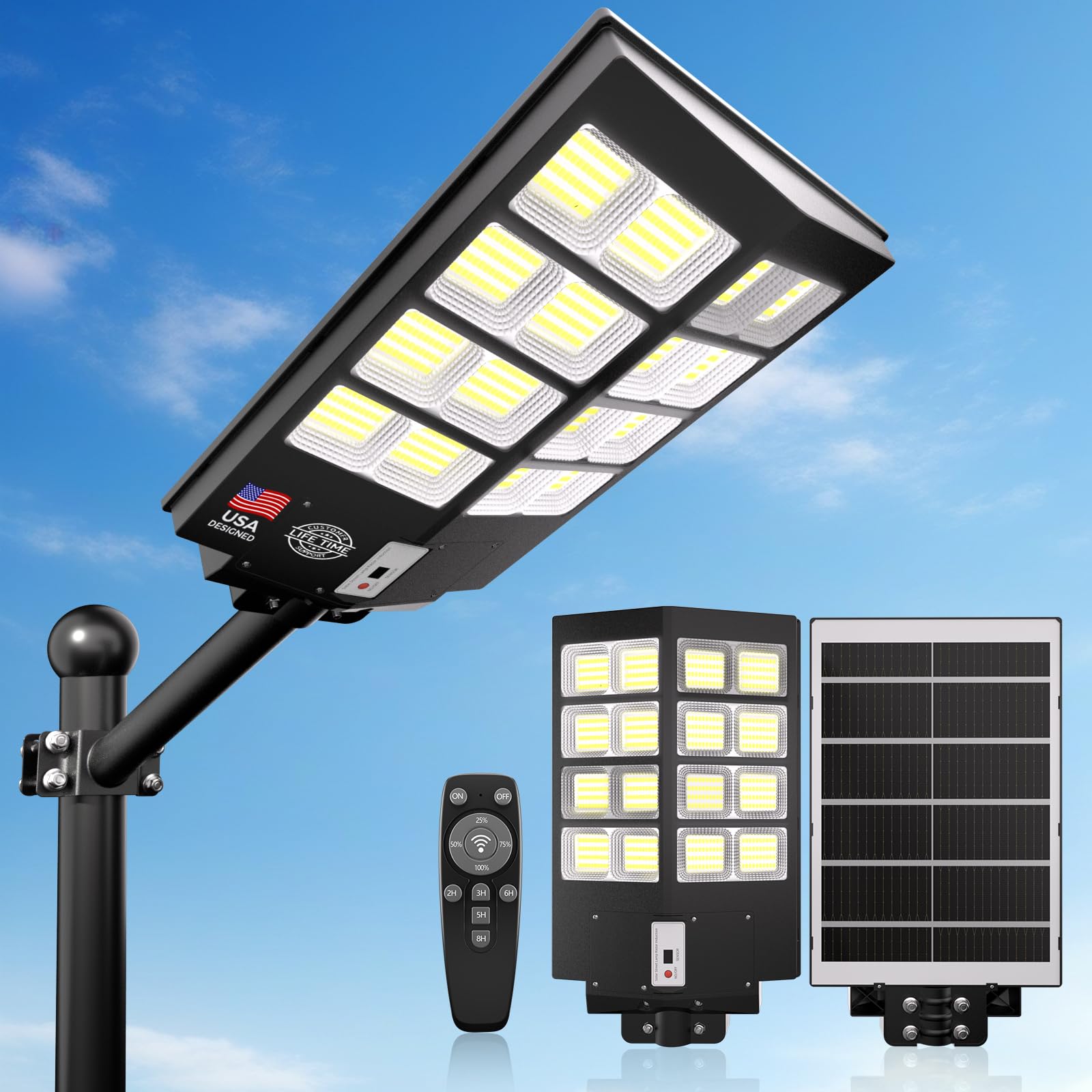 PFCTART Solar Street Lights Outdoor  6500K Solar Lights Outdoor Waterproof Dusk to Dawn  Security Flood Light with Motion Sensor and Remote for Yard  Garage  Driveway (3000W-(1 Pack))